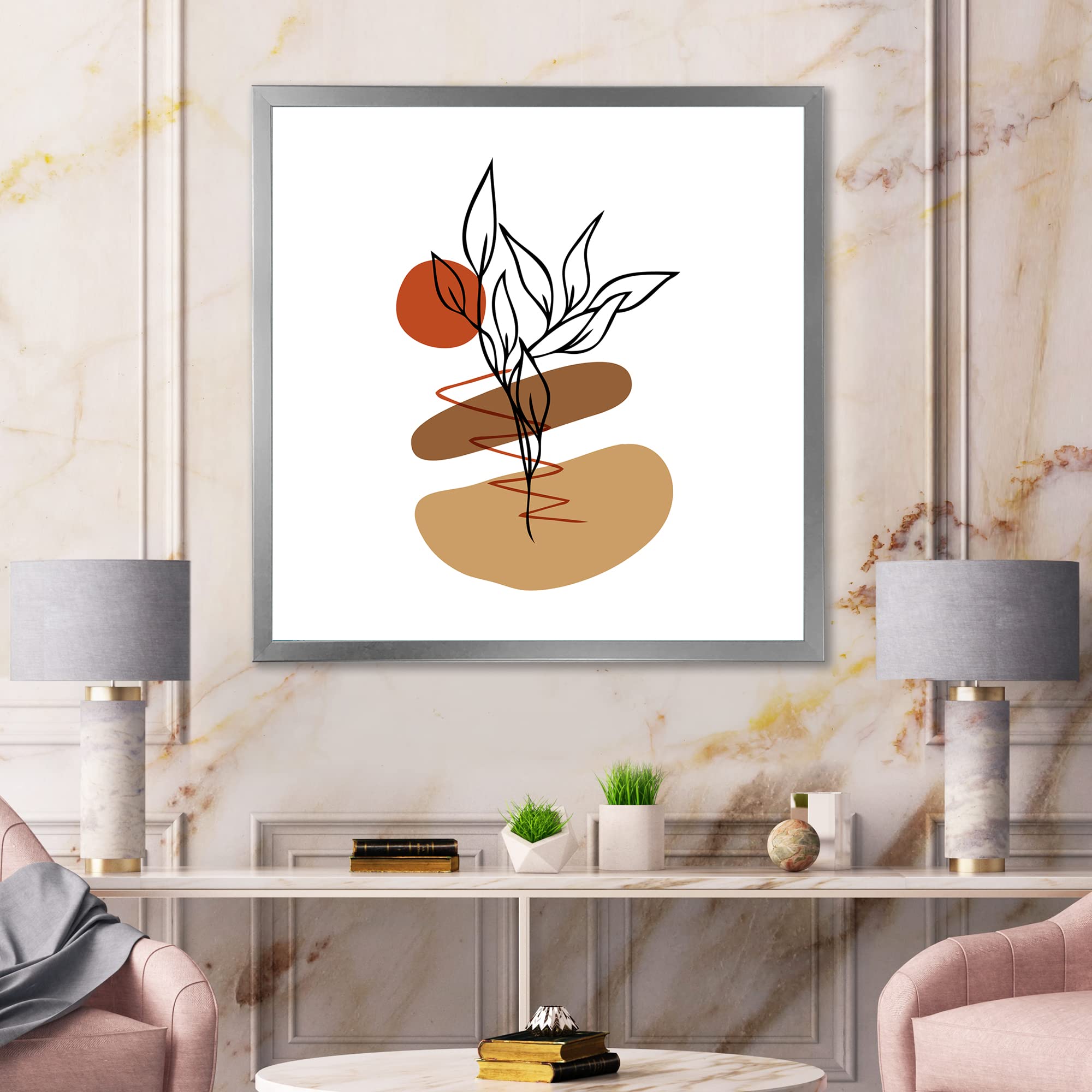 DesignQ Modern Abstract Floral & Plant Wall Art - Elementary Shapes Framed Canvas Print for Living Room, Bedroom & Office Decor
