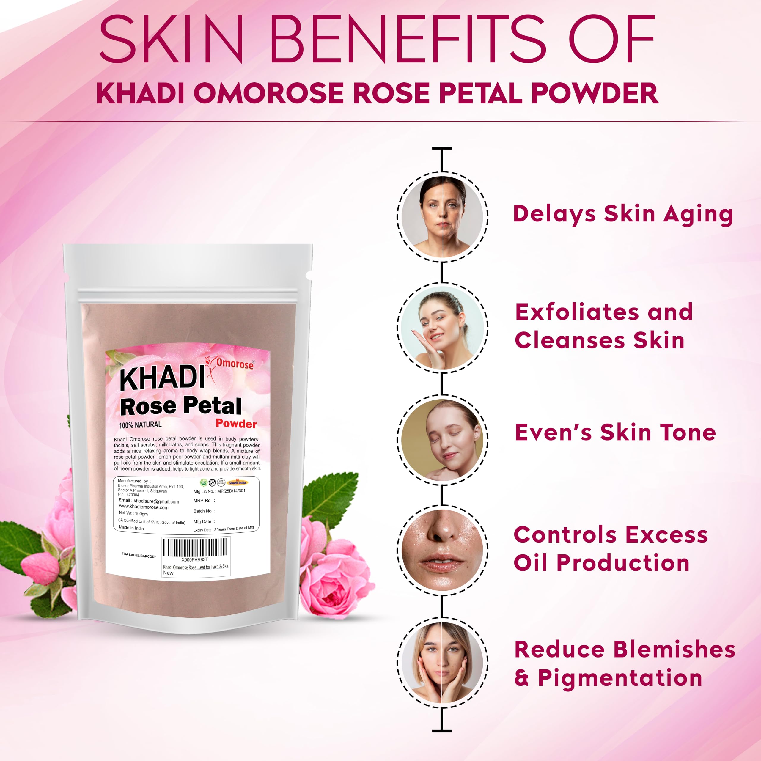 Khadi Omorose Rose Petal Powder for Face & Skin - 100% Natural, 100g | Brightening, Exfoliating & Soothing Facial Treatment for Glowing Skin | DIY Face Mask & Ayurvedic Skincare