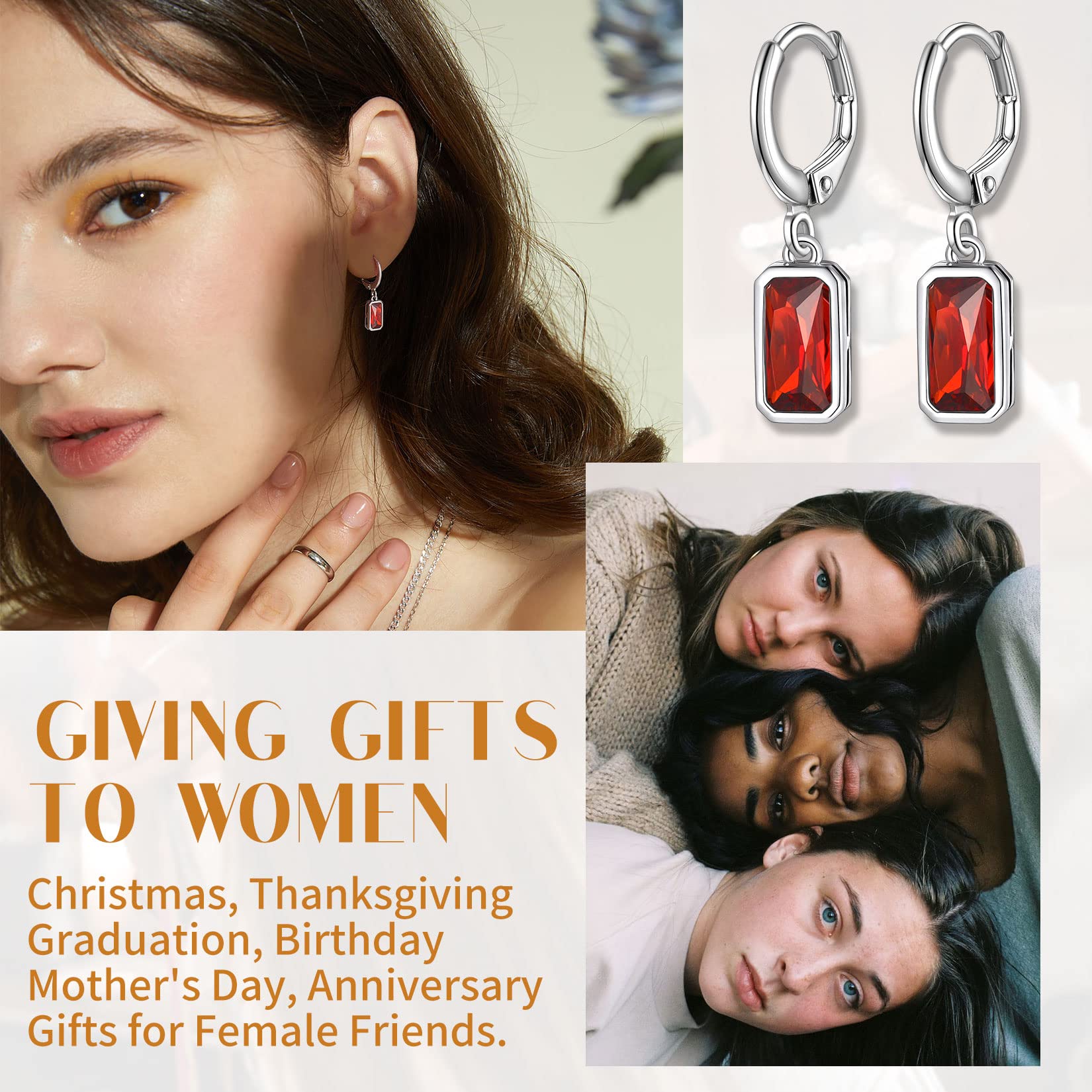 Suplight 925 Sterling Silver Emerald Cut Birthstone Hoop Dangle Earrings for Women - Cubic Zirconia Crystal Drop Earrings with Gift Box - Perfect for Birthdays, Anniversaries & Special Occasions