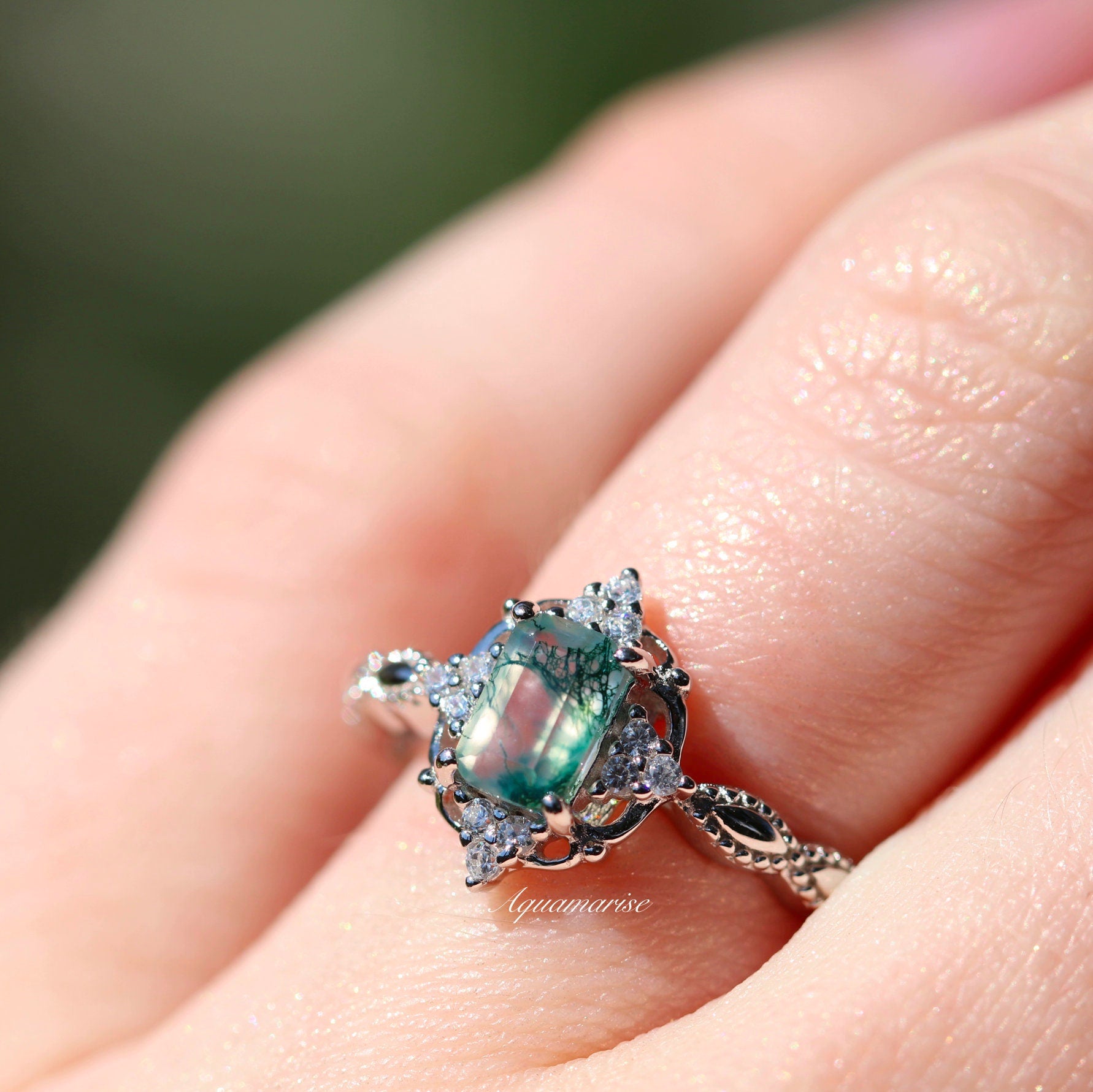 Vintage Green Moss Agate Ring for Women - Sterling Silver 925 Jewelry - Elegant Boho Style Statement Ring for Everyday Wear & Special Occasions