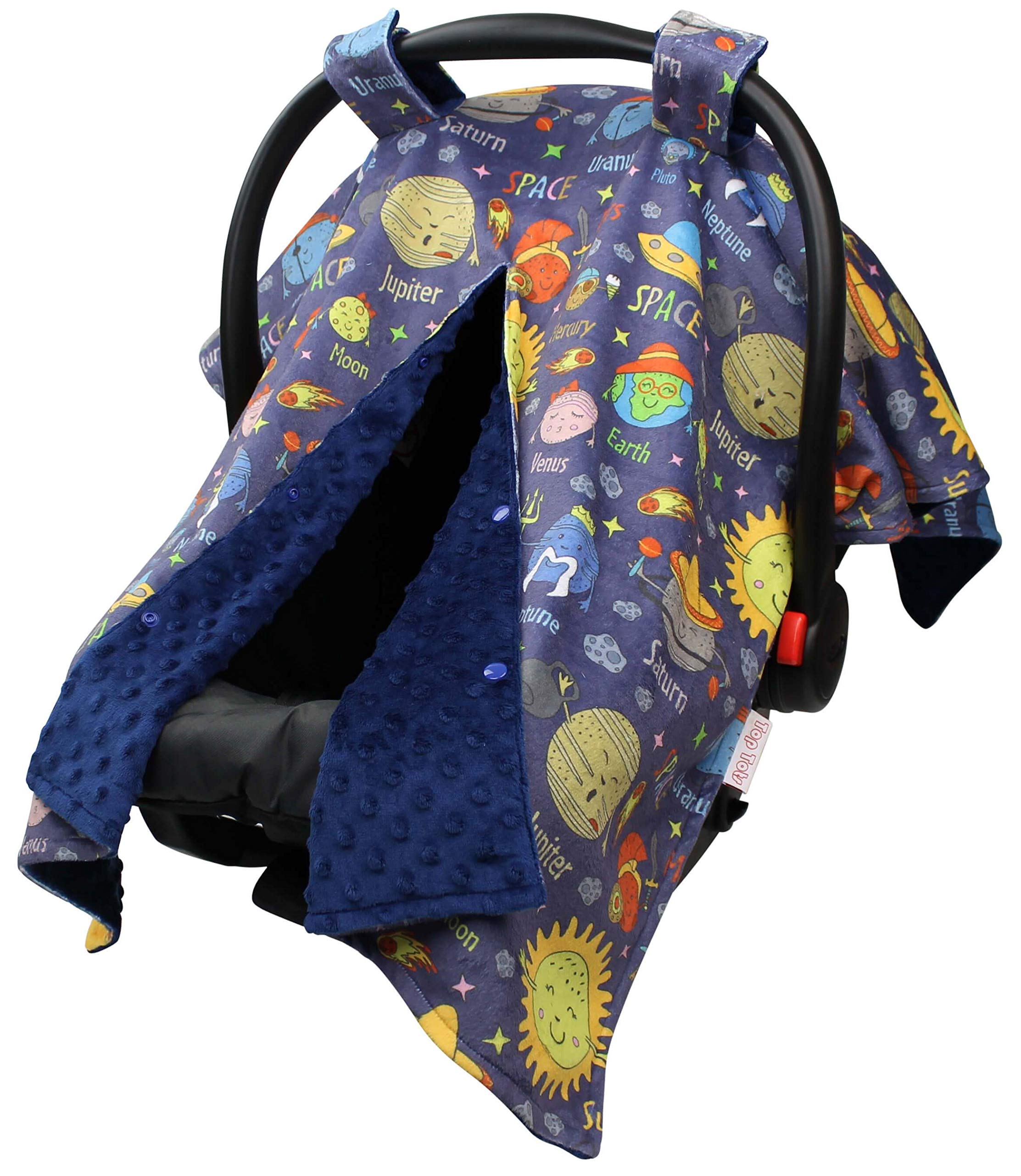 Baby Car Seat Canopy Cover - Space Planets Design with Soft Blue Minky Dot Fabric | Perfect for Stroller, Infant Carrier & Travel Protection
