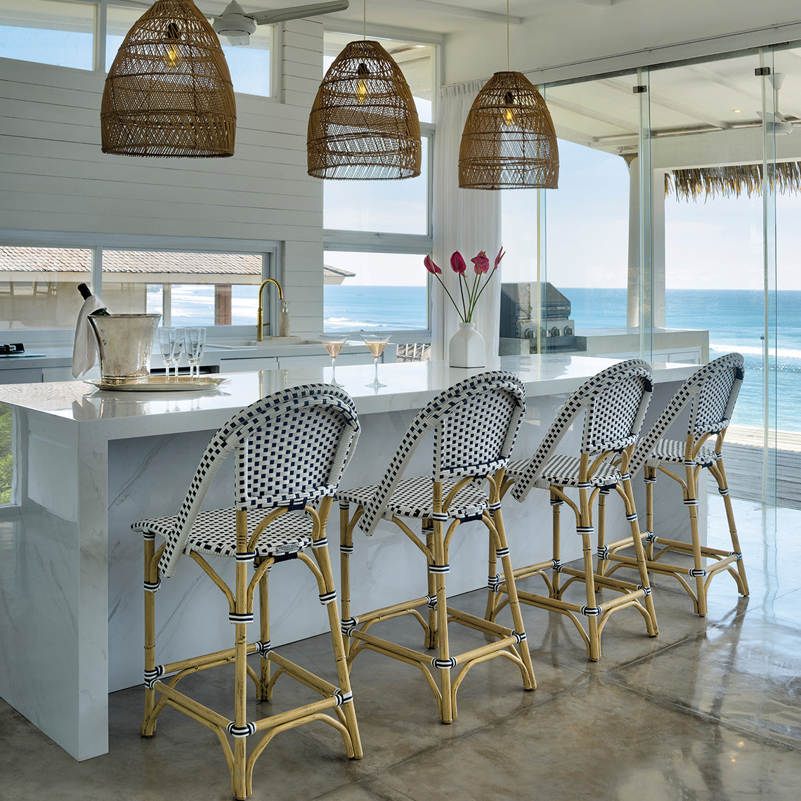 Rattan Cafe Counter Stool with White and Navy Wicker - Modern Bar Stool for Kitchen Island, Breakfast Nook, or Coffee Shop Decor