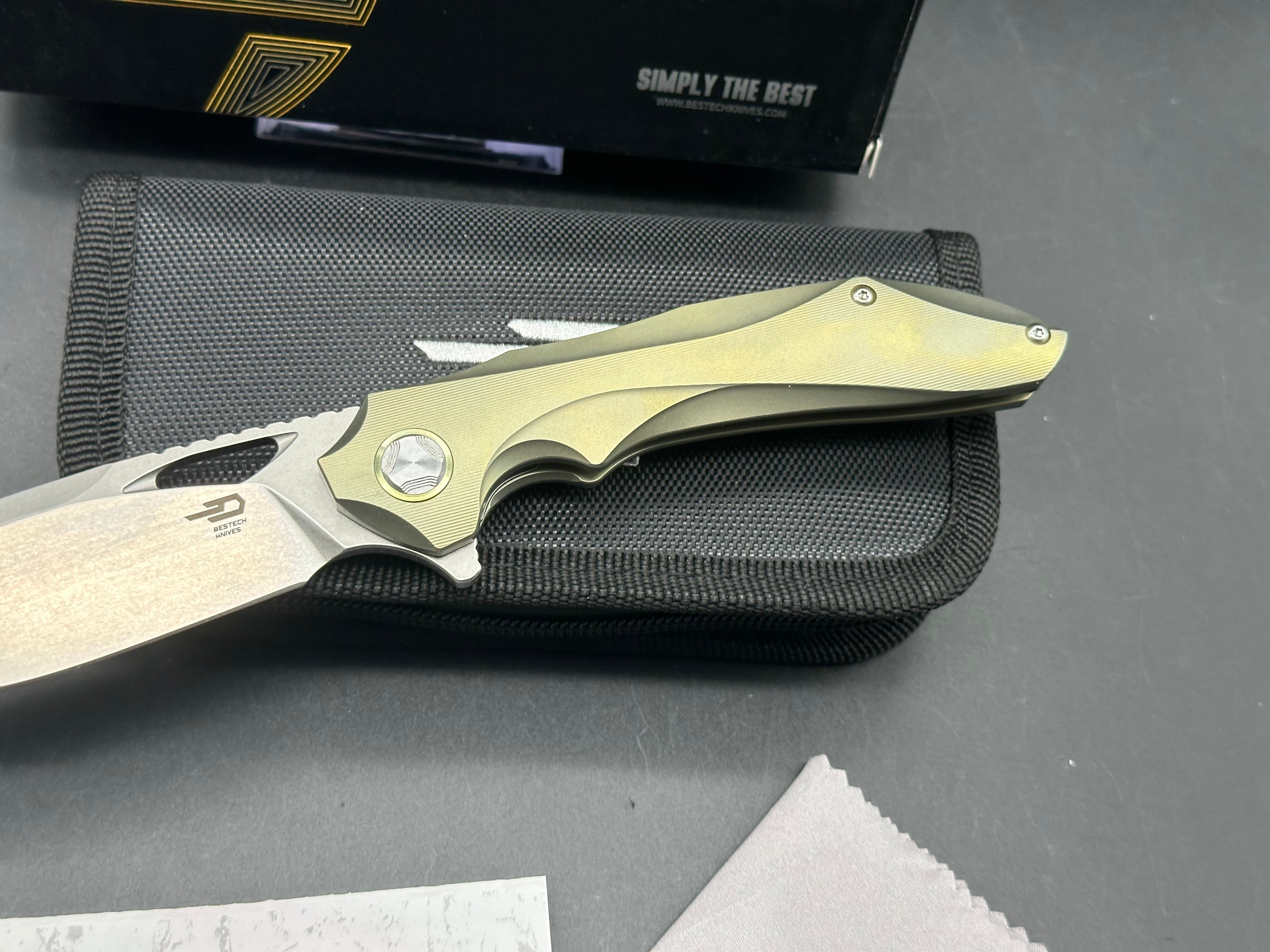 Premium Bestech Eskra Folding Knife - Bohler M390 Stonewashed Blade, Gold Titanium Handle for Outdoor Camping, Hunting & EDC