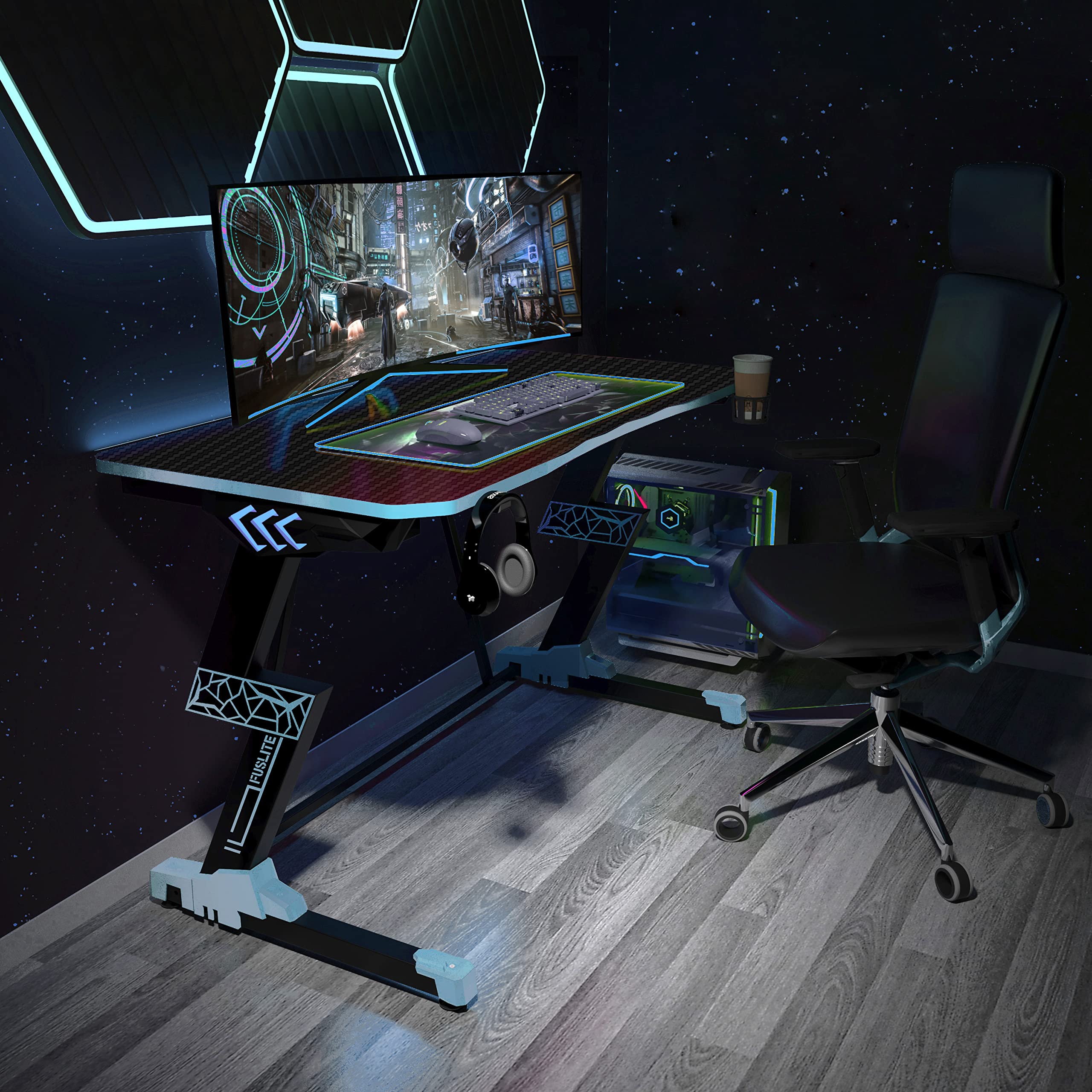FUSLITE 47-inch Gaming Desk with RGB Lights, Cup Holder & Headphone Hook - Ergonomic Computer Desk for PC & Console Gaming - Perfect for Small Spaces & Home Office Setup