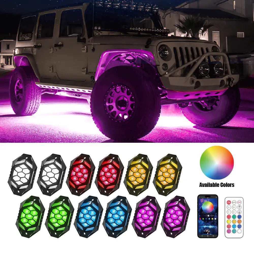 LOYO RGBW LED Rock Lights 12 Pods - Multicolor Underglow Neon Lights Kit with Bluetooth App Control for Cars, Trucks, SUVs, Off-Road Vehicles | Perfect for Night Driving, Car Shows & Custom Lighting Effects