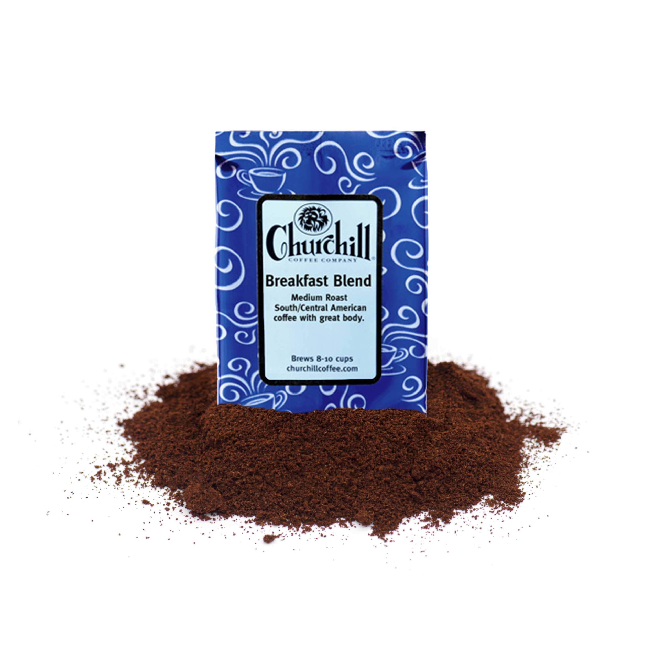 Churchill Coffee Breakfast Blend - 10 Single-Serve Portioned Packs (1.5 oz Each) - Fresh Ground Unflavored Coffee for Home, Office & Travel - Perfect for Morning Brew & Coffee Lovers
