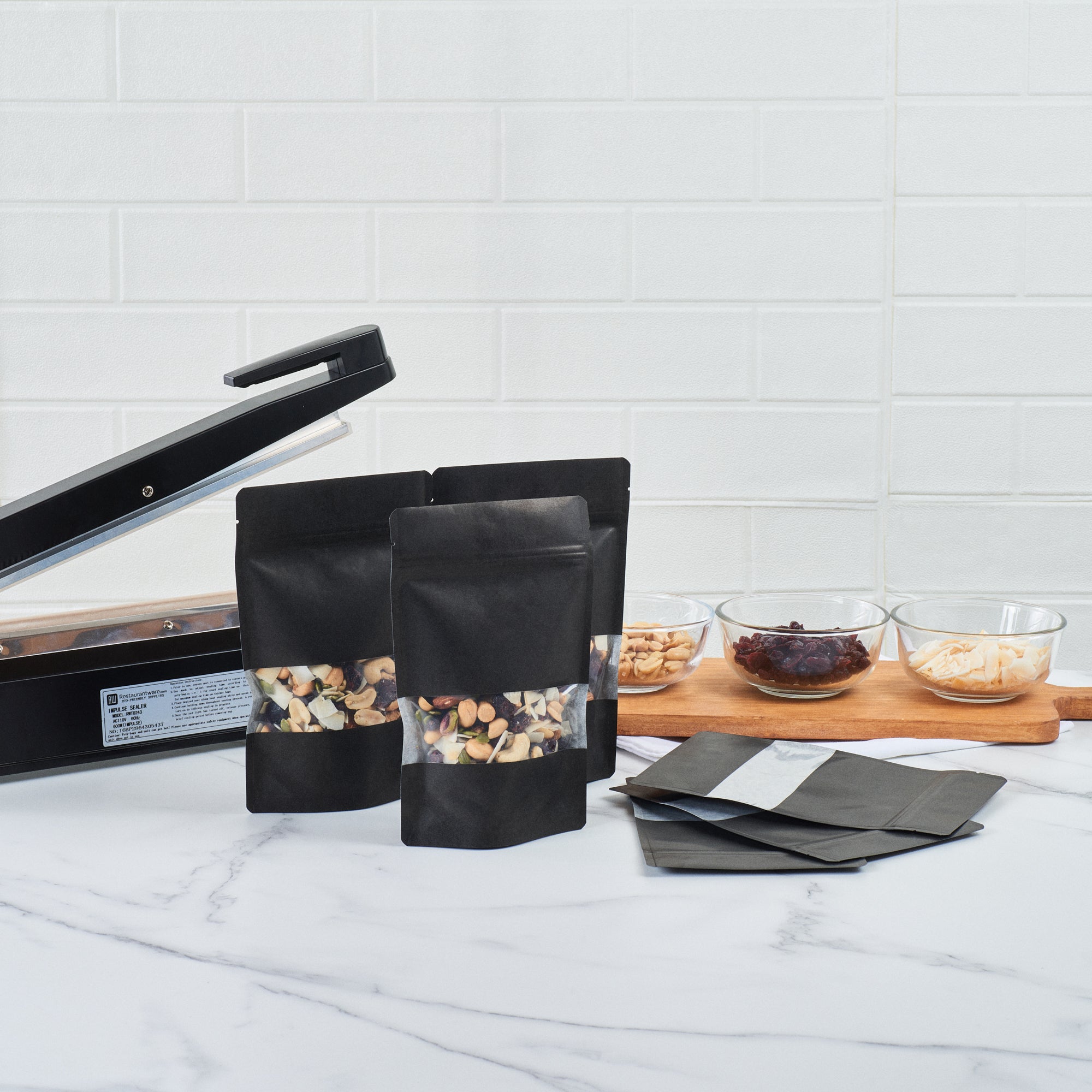 Black Plastic Medium Window Bags - Heat Sealable 8 x 5 x 1.75 Inches - Pack of 100 for Food Packaging, Retail Display & Storage | Durable Resealable Bags for Bakery, Candy, Crafts & Small Items