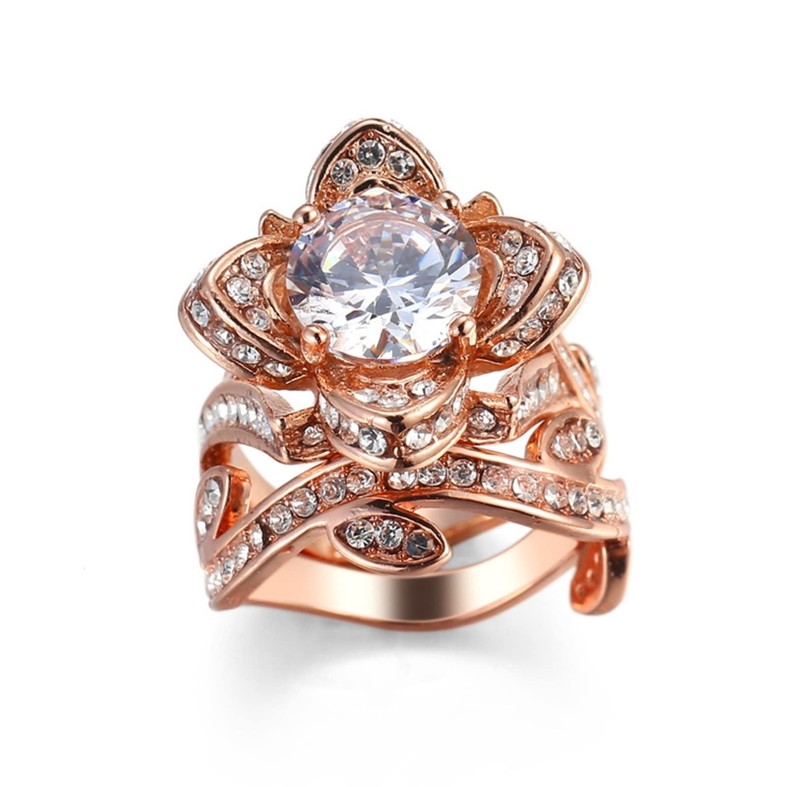 Vintage Rose Gold Wedding Ring for Women - White Round Cubic Zirconia with Rose Design, Elegant Valentines Day Gift, Perfect for Engagement, Anniversary & Romantic Occasions