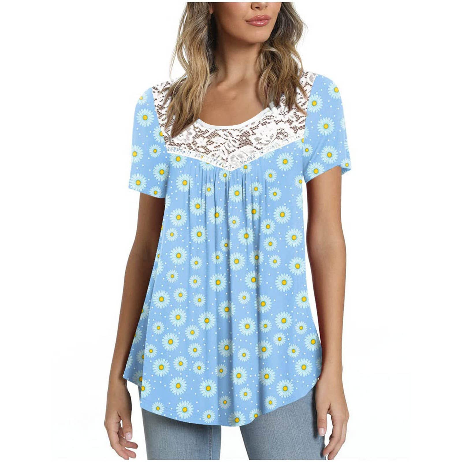 Women's Flowy Lace Short Sleeve Summer Tops - Loose Fitting Tunic T-Shirts with Color Block Graphic Design | Casual Wear, Beach Outfits & Vacation Essentials
