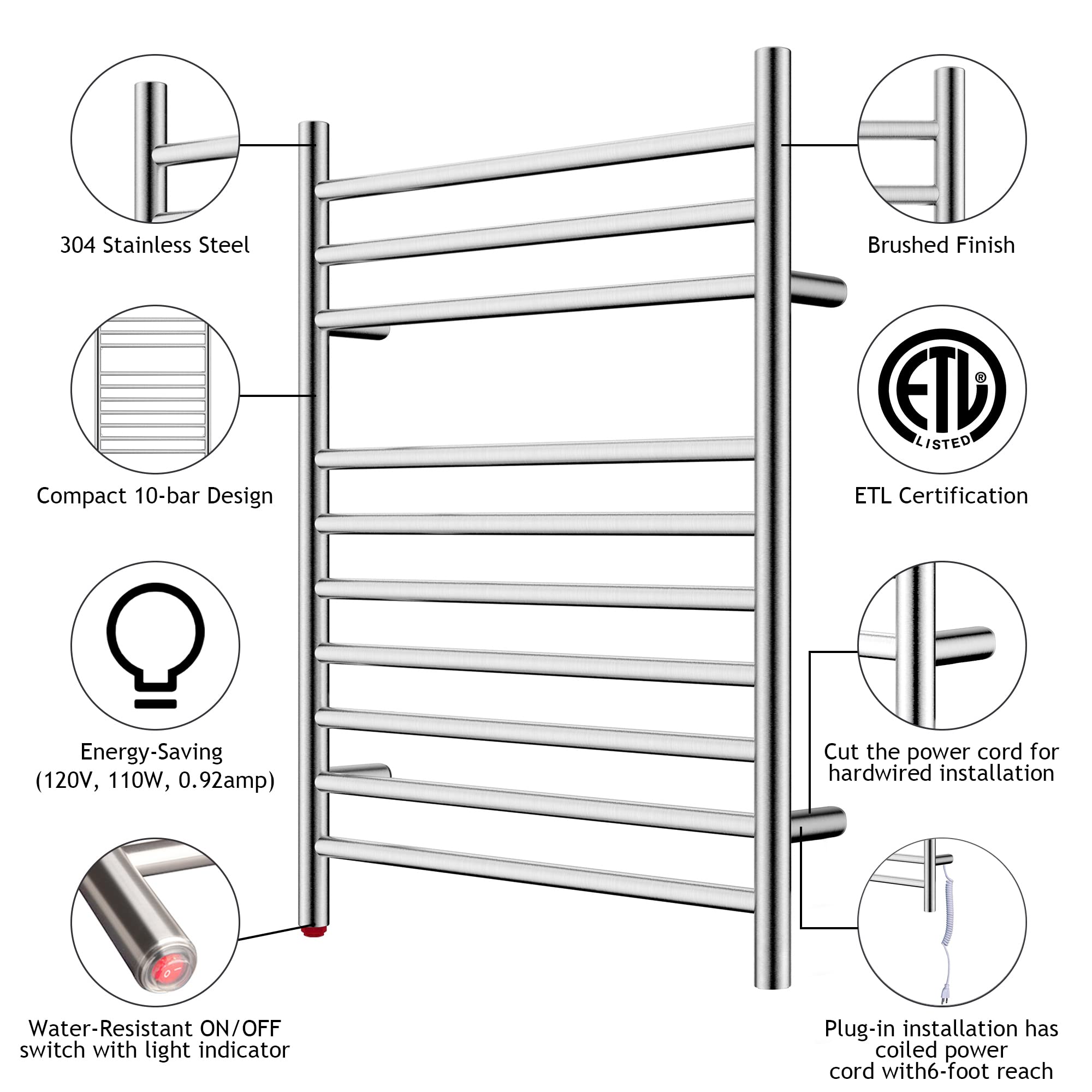 HEATGENE Compact Electric Towel Warmer - Wall Mounted Plug-in or Hardwired Towel Rack for Small Bathroom, Brushed Stainless Steel - Perfect for Spa, Luxury Hotels & Cozy Home Bathrooms