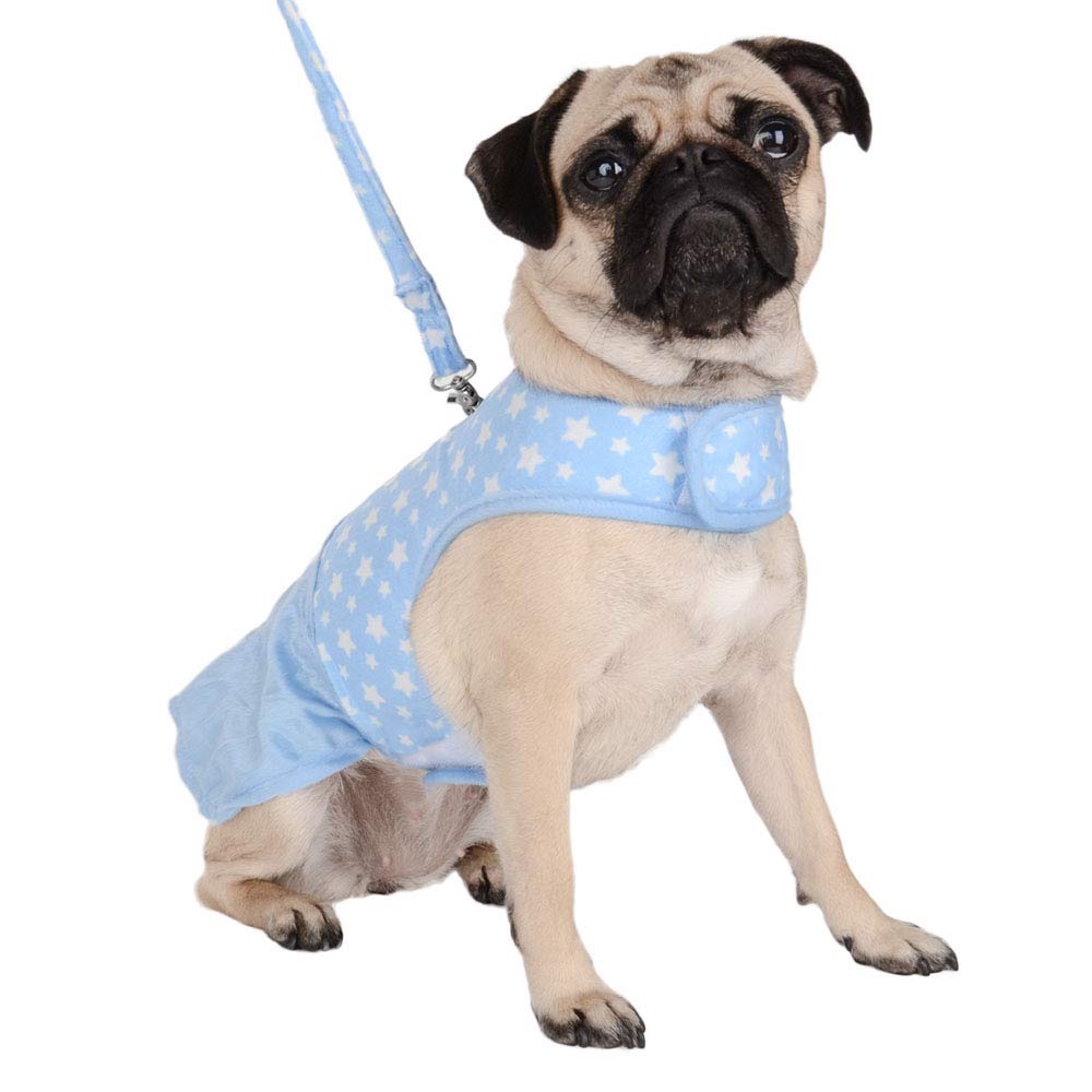 Soft Air Mesh Ruffled Blue Star Dress with Leash - Comfortable Pet Harness for Small Dogs & Puppies - Perfect for Daily Walks, Pet Parties & Photo Shoots