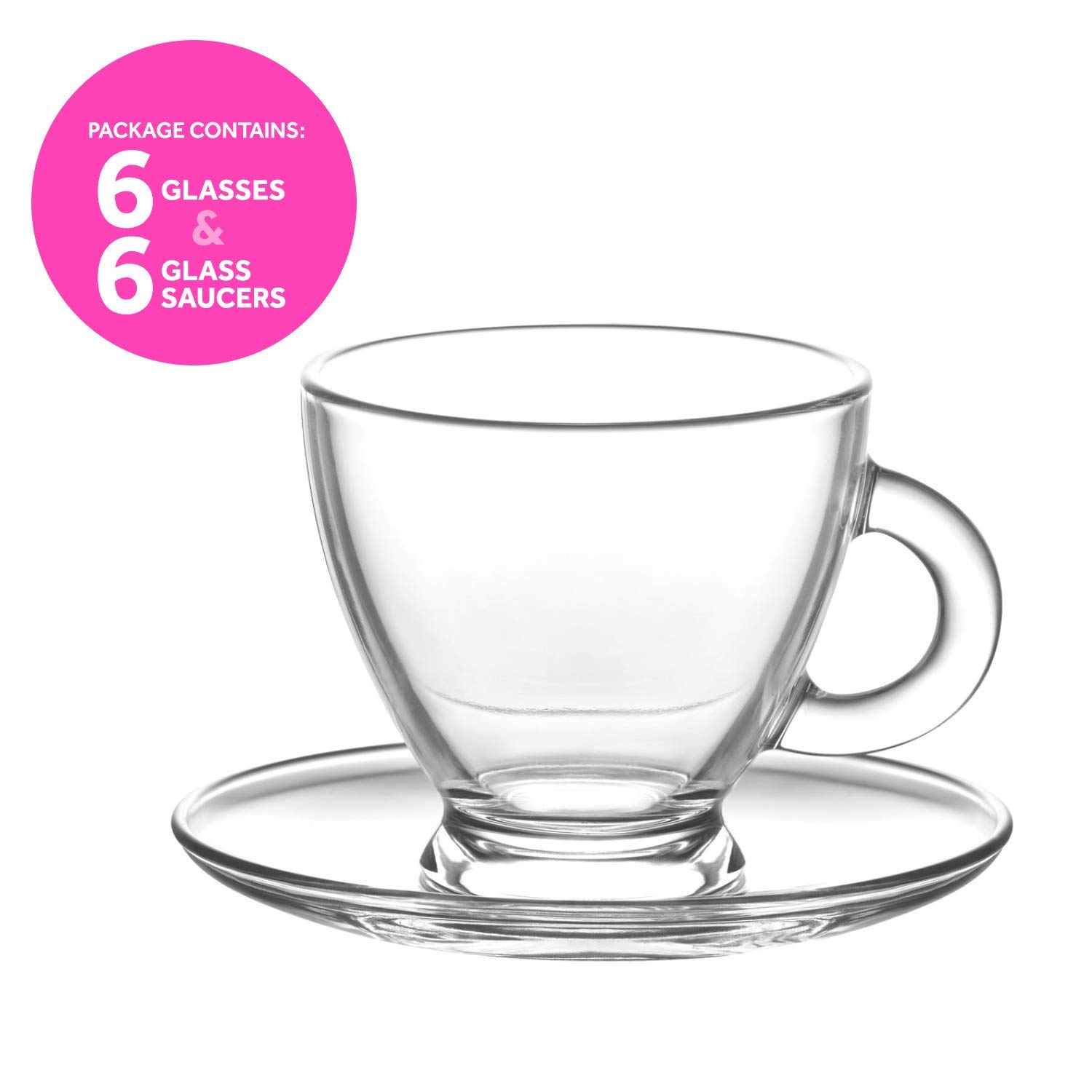 Premium LAV Glass Espresso Cups and Saucers Set - 6 Clear 3 oz Coffee Mugs with Handles + 6 Matching Saucers - Perfect for Home, Café & Gifts - Elegant Glassware for Latte, Cappuccino & Tea - Ideal Housewarming Present & Coffee Lover Gift Set