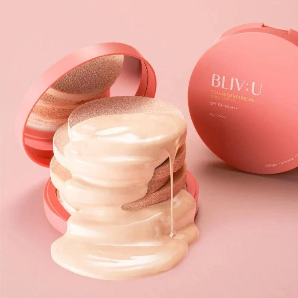 BLIV:U Collagen Bouncing Sun Cushion SPF50+ PA++++ 24g | Korean Sunscreen Cushion with Collagen for Hydration & Anti-Aging | Perfect for Daily UV Protection & Makeup Base