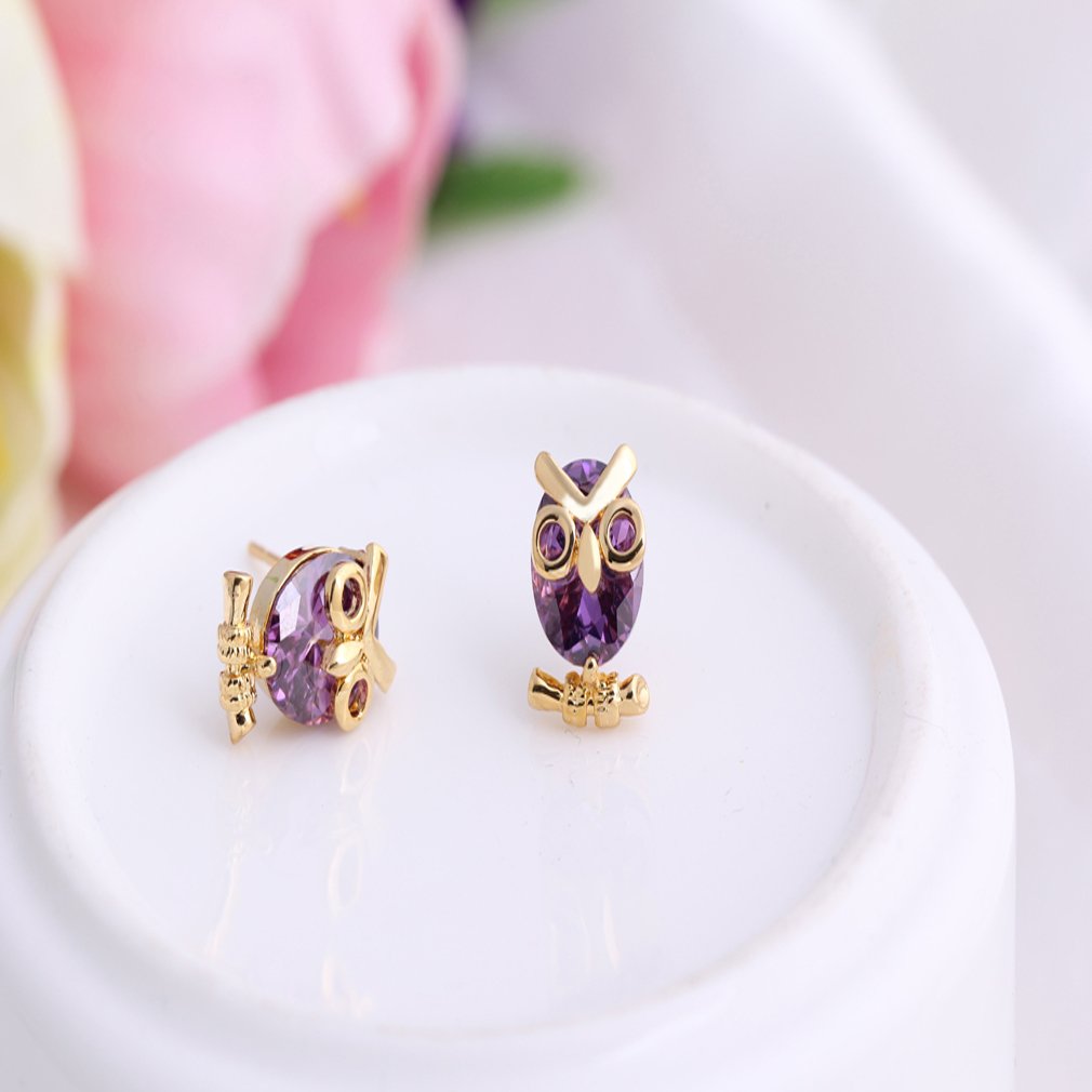 18k Gold Plated Oval Purple Cubic Zirconia Owl Stud Earrings for Women - Elegant Jewelry Gift for Birthday, Anniversary & Daily Wear