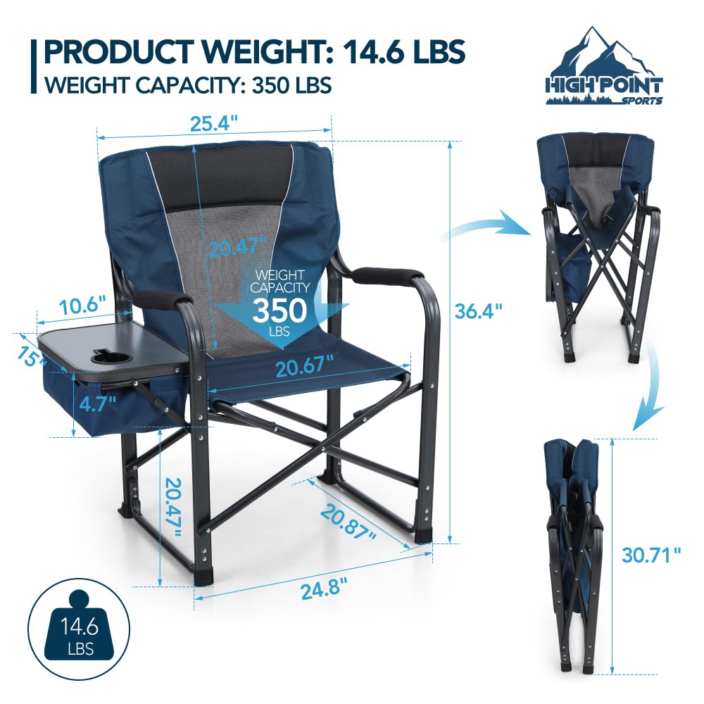 Heavy Duty Folding Camping Chair with Side Table - 350 lbs Capacity Portable Outdoor Director Chair for Adults, Navy - Perfect for Camping, Backyard, Beach & Picnic Use