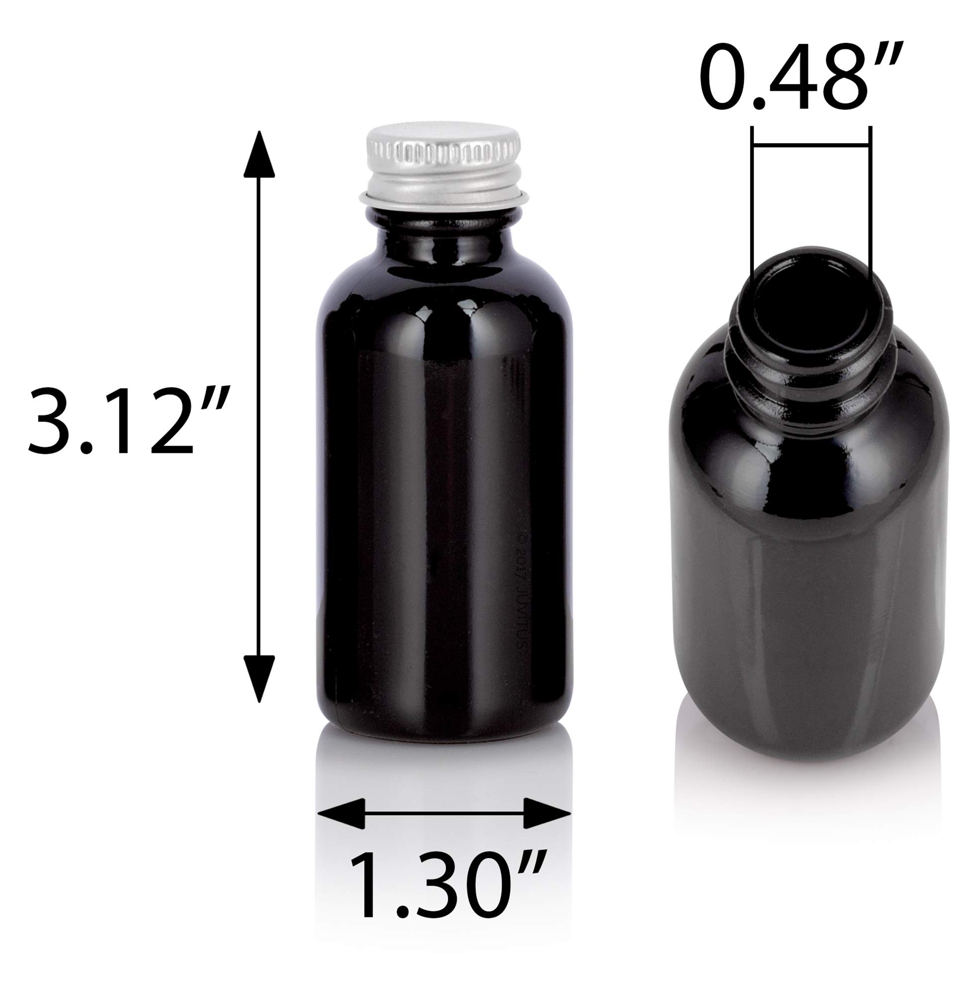 JUVITUS 1 oz Black Glass Luxury Boston Round Bottle with Silver Metal Screw On Caps (6 Pack) + Funnel - Perfect for Essential Oils, Perfumes, DIY Beauty & Travel Size Liquids
