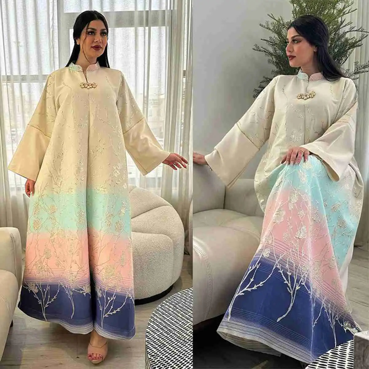 Elegant Eid Gradient Jacquard Kaftan Dress for Muslim Women - Modest Jalabiya Abaya for Prayer, Parties & Special Occasions