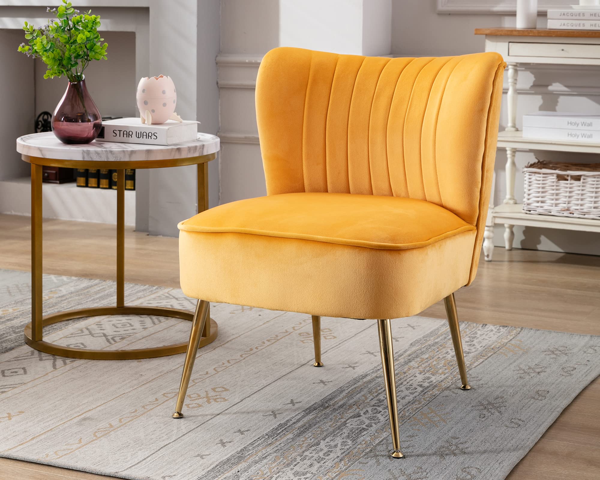 Velvet Accent Chair Set of 2 - Mid Century Modern Armless Slipper Chairs with Golden Legs for Living Room, Bedroom & Guest Room - Soft Wingback Design for Comfortable Seating - Perfect for Home Decor, Lounge & Relaxation