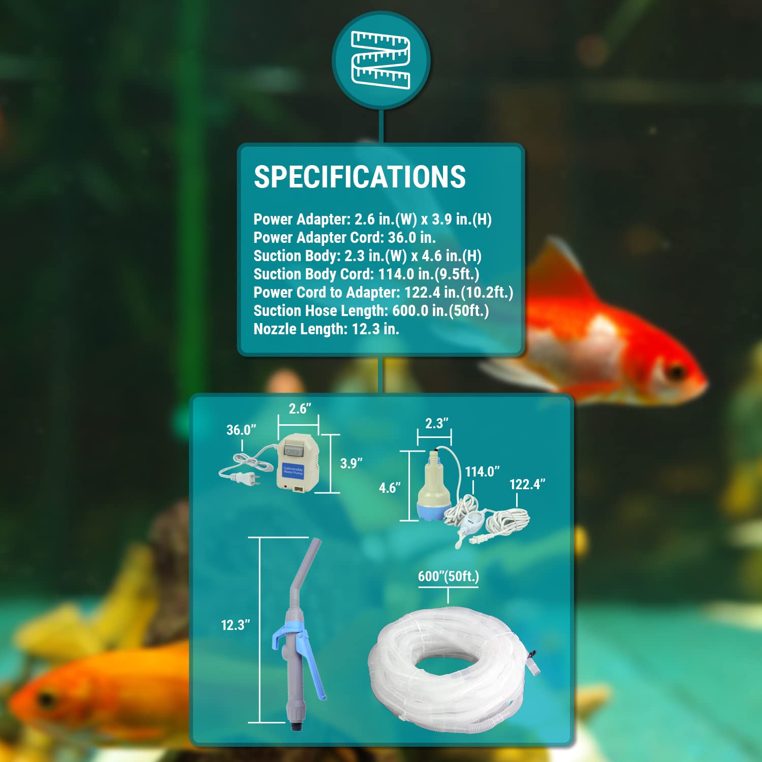 TERA PUMP TRAQUA-XXL Powerful Electric Water Pump for Extra Large Fish Tank Aquarium - 50ft Hose for 2nd Floor Water Transfer, Adjustable Flow Rate Nozzle, Safety Double On/Off Switch with 3ft Power Cord - Ideal for Home Aquariums, Pond Filtration, and Water Circulation Systems