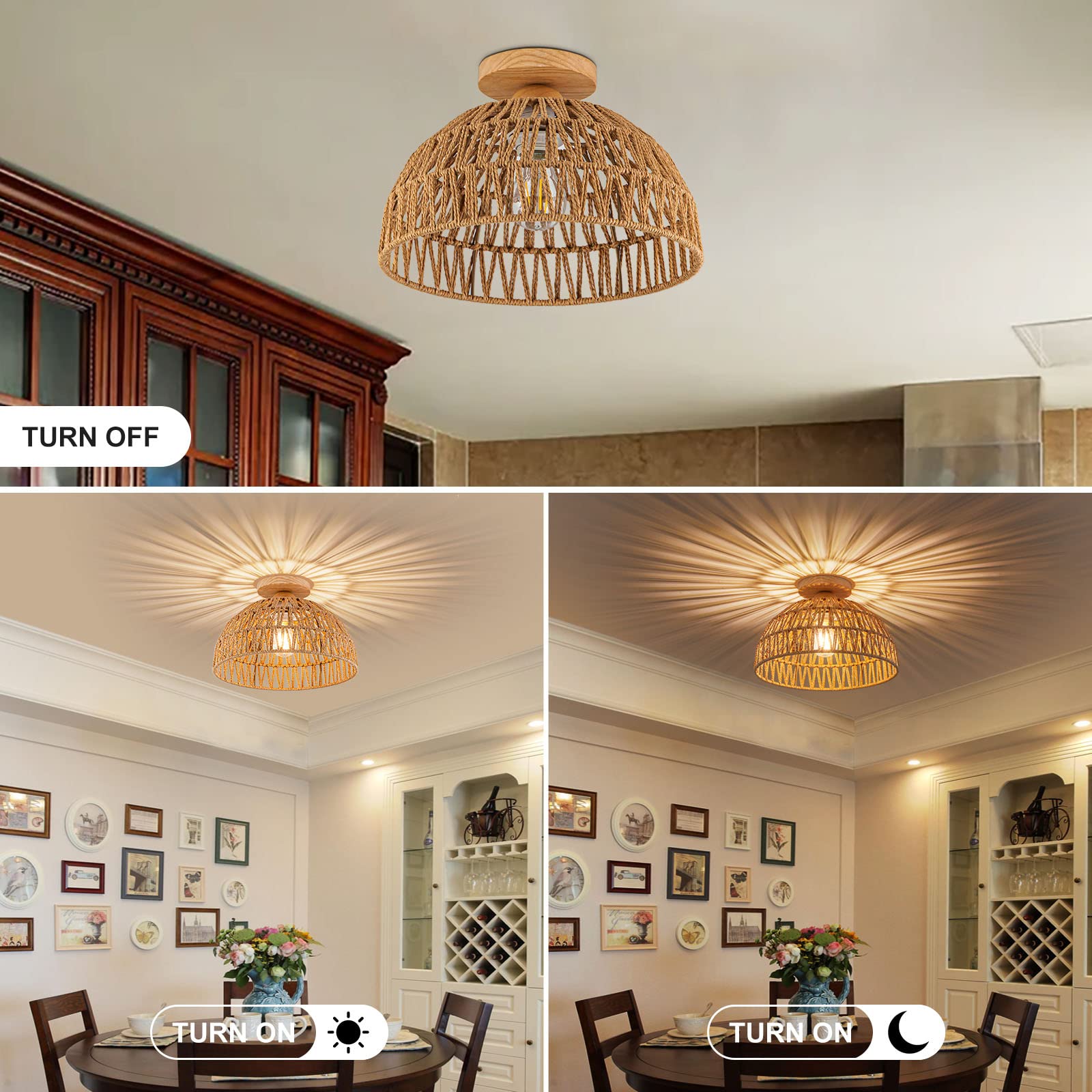 Boho Rattan Ceiling Light Fixture - Hand-Woven Flush Mount Chandelier with Wooden Base - Natural Woven Lamp Shade for Hallway, Bedroom, Kitchen & Nursery - Perfect for Boho, Farmhouse & Coastal Home Decor