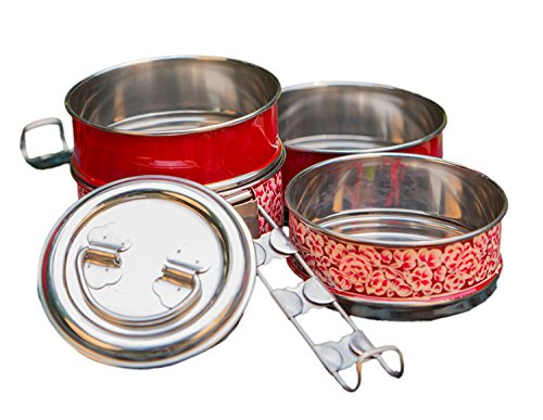 4 Tier Red Handpainted Tiffin Box - Indian Stainless Steel Lunch Container for Office, School & Picnics - Stackable Food Storage Carrier for Meals, Snacks & Leftovers