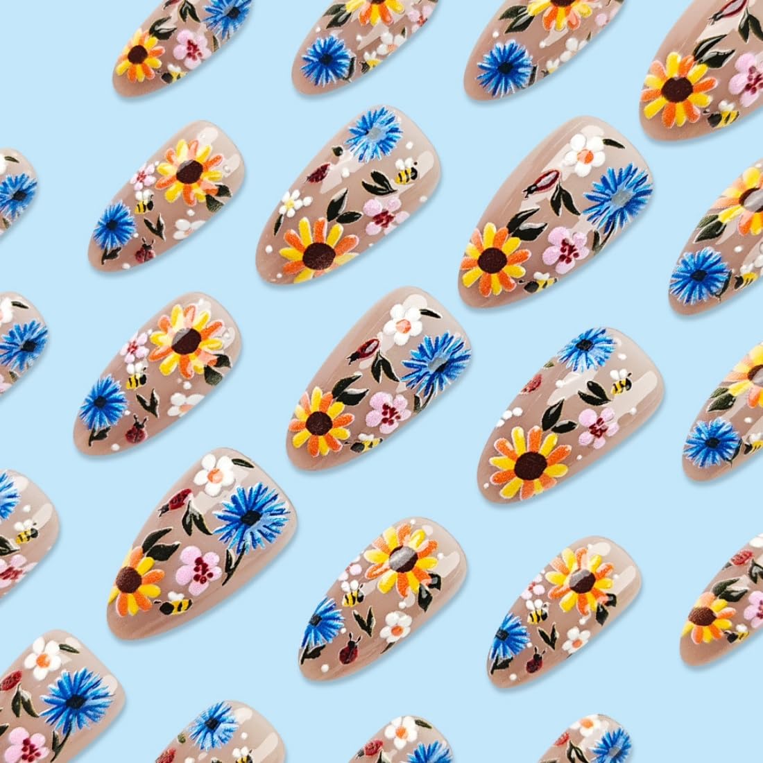 Short Press on Nails for Women - 24PCS French Almond Acrylic Fake Nails with Floral Design | Perfect for Daily Wear, Parties, Weddings & Special Occasions