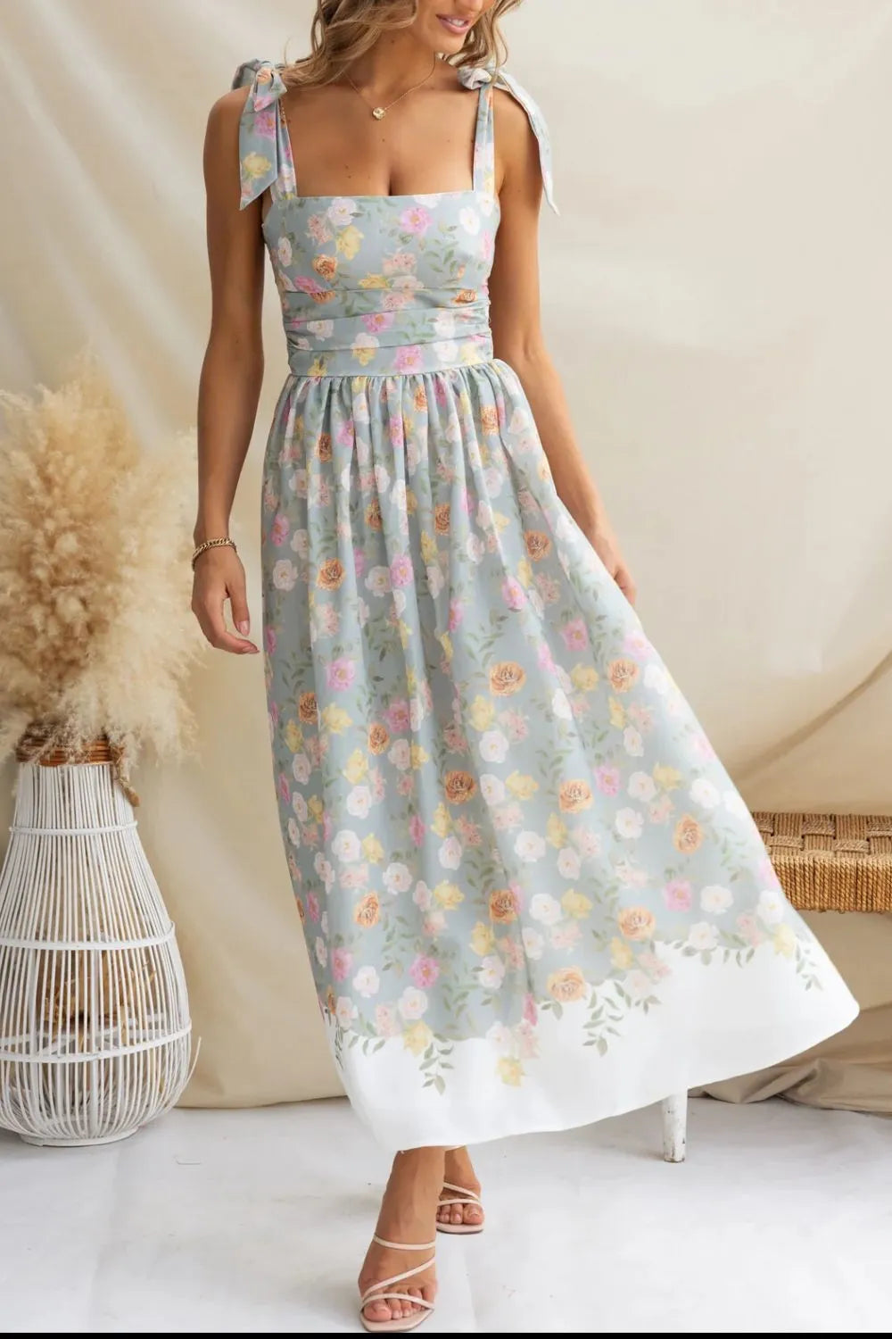 Floral Print Tie Shoulder Midi Cami Summer Dress for Women - Perfect for Beach Vacations, Date Nights & Outdoor Parties