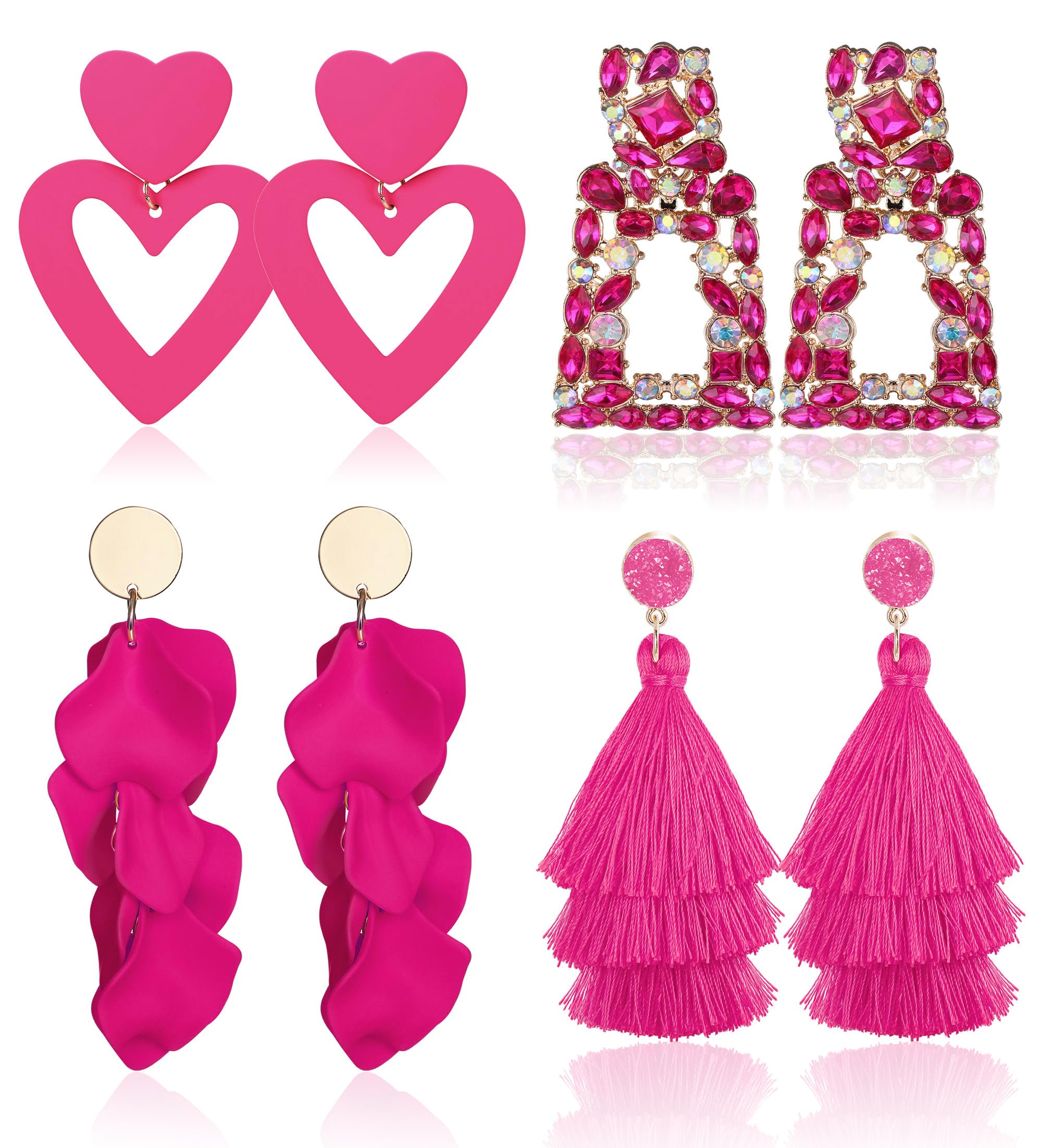 Subiceto 4 Pairs Non-Piercing Clip Earrings for Women - Hot Pink Heart Dangle Drop Earrings with Rhinestones, Geometric Statement & Rose Petal Tassel Designs - Perfect for Parties, Weddings and Everyday Fashion Accessories
