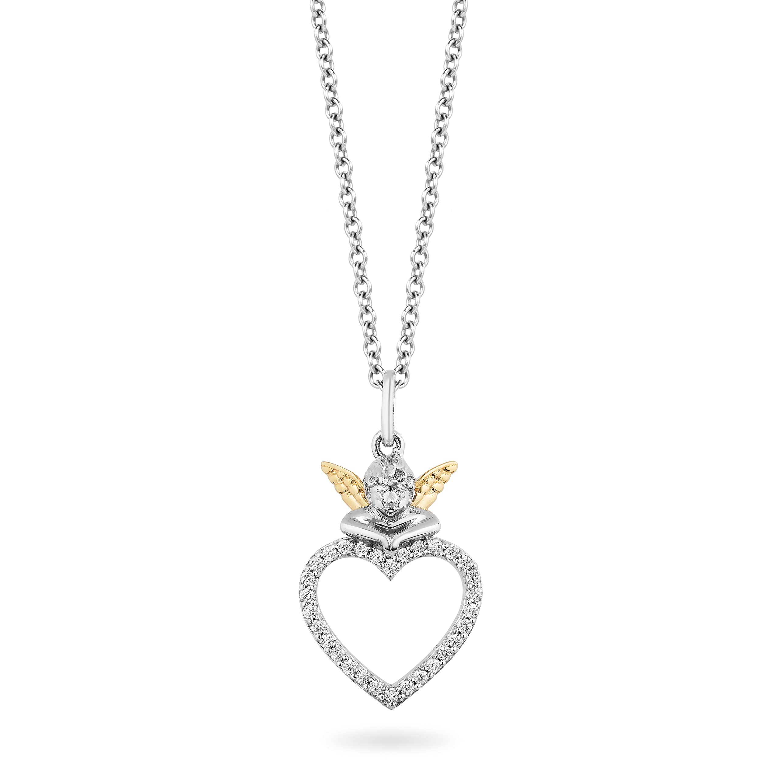 Jewelili Hallmark Fine Jewelry Cherub with Heart Pendant for Women - Sterling Silver & 14K Yellow Gold Necklace with 1/6 Cttw Natural White Round Diamond | 18
