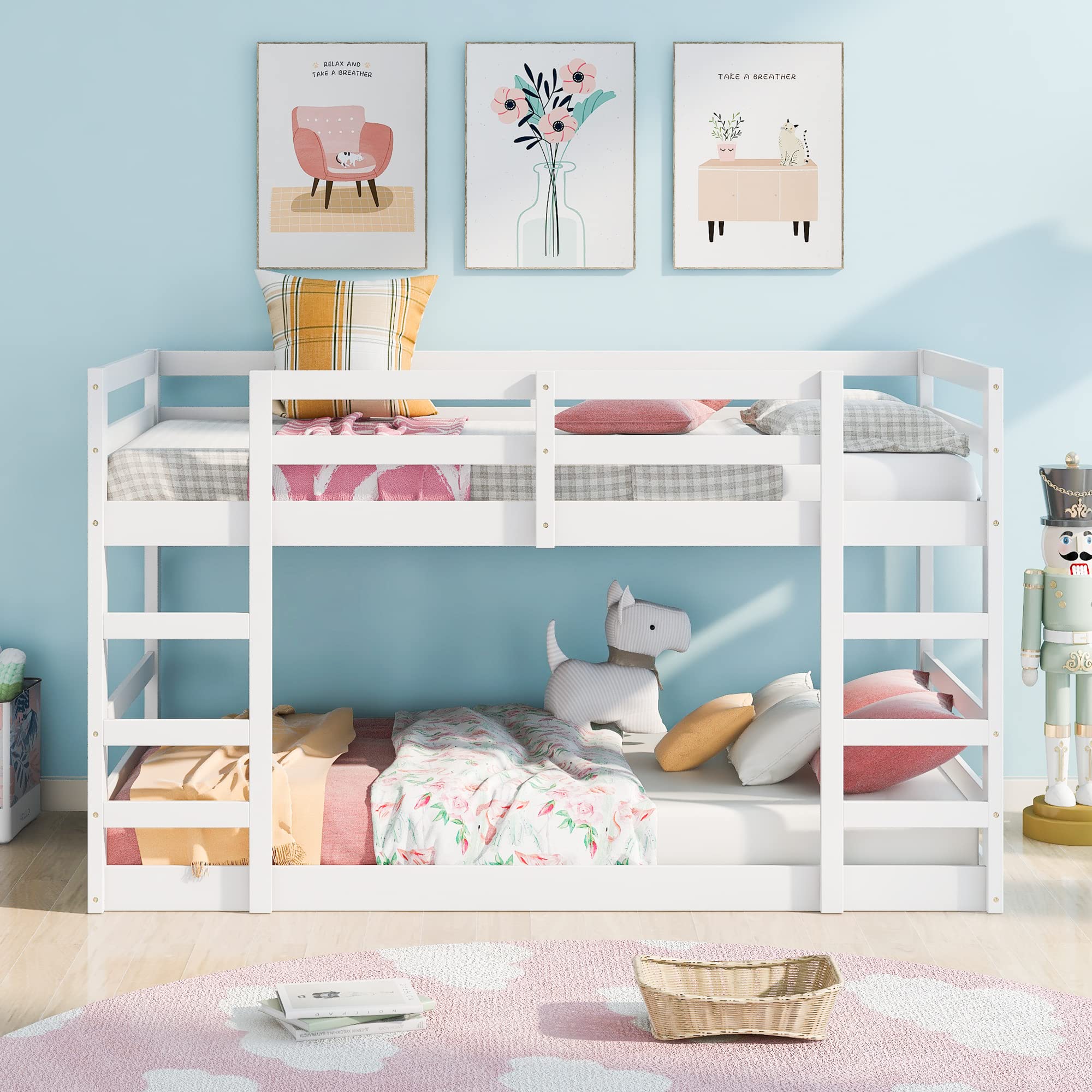 Harper & Bright Designs Twin Over Twin Bunk Bed with 2 Safety Ladders & Full Guardrail - Sturdy Kids & Teens Bedroom Furniture - No Box Spring Needed - White - Perfect for Small Spaces & Shared Rooms