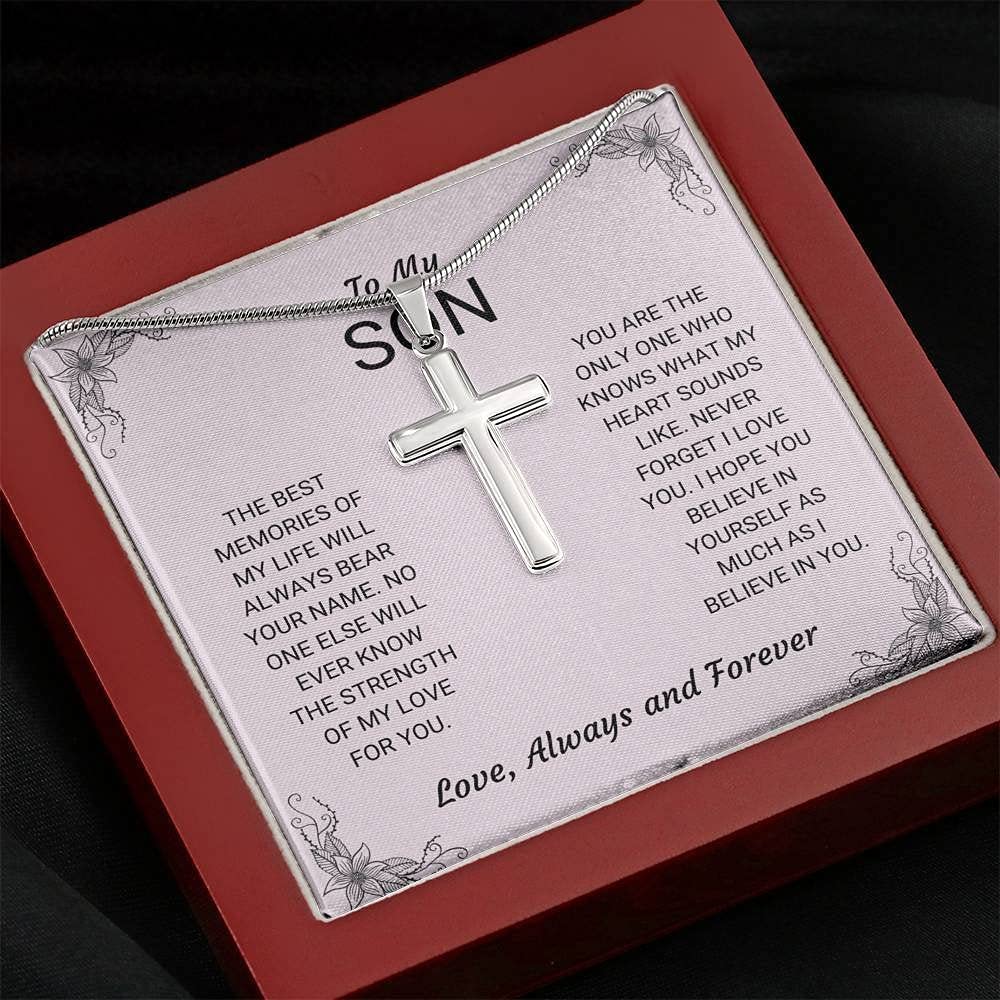 Handcrafted Personalized Cross Necklace for Son - Unique Gift from Mom or Dad - Best Memories Keepsake - Graduation, Birthday & Special Occasion Jewelry