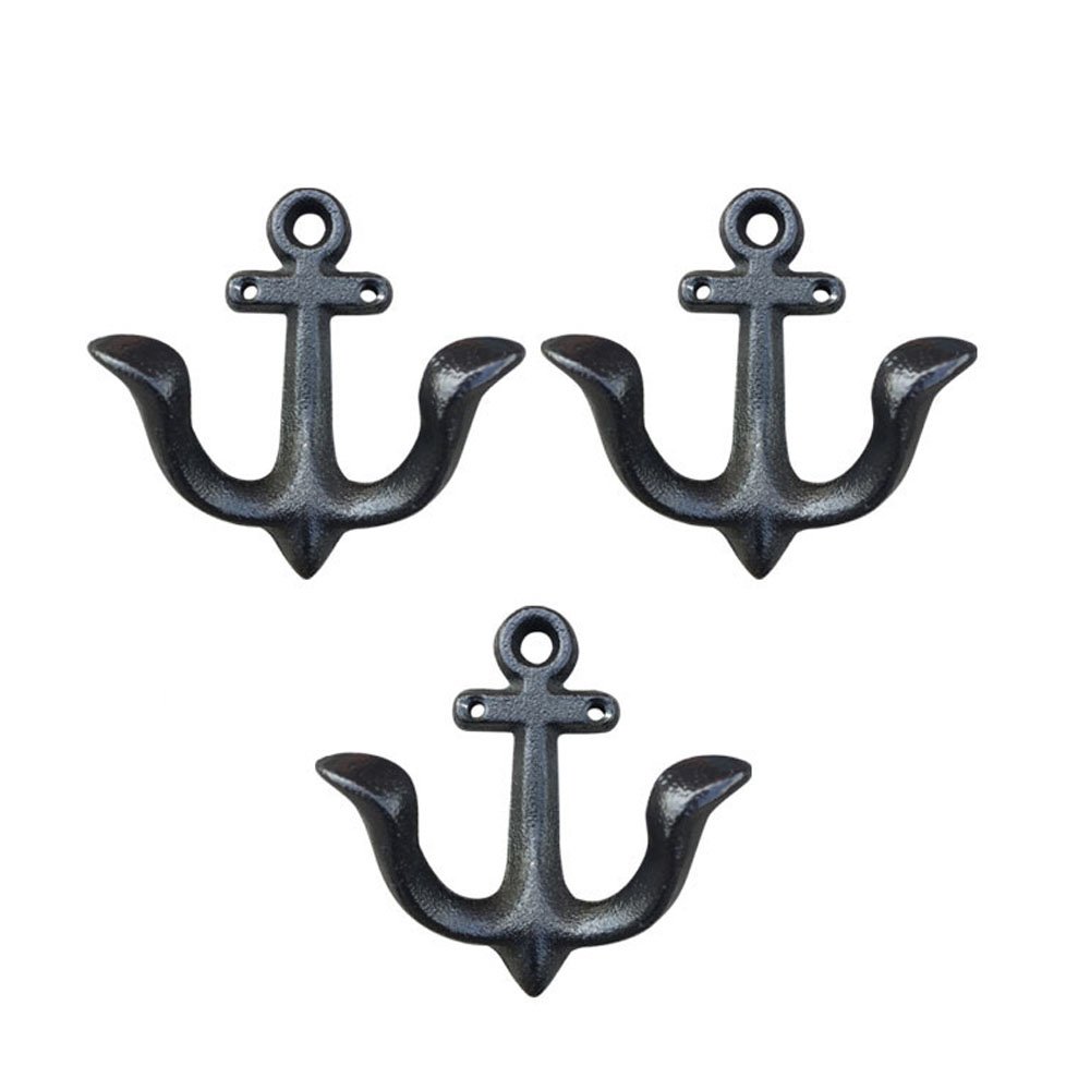 Vintage Nautical Anchor Wall Hooks - Rustic Cast Iron Coat Rack (3 Pack) for Home & Boat Decor