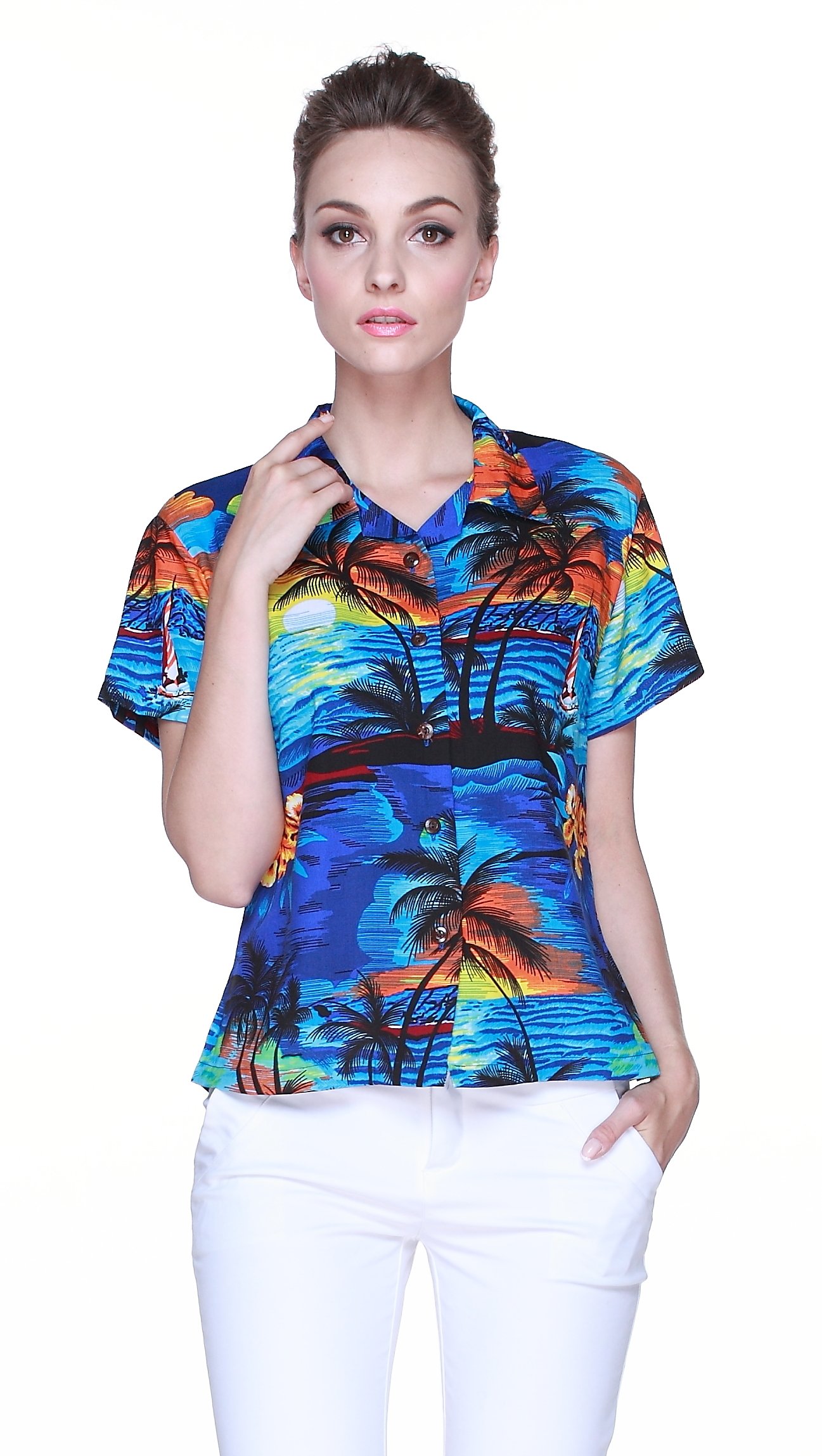 Matching Hawaiian Luau Outfits for Couples - Sunset Blue Aloha Shirts | Tropical Beach Vacation, Summer Party & Honeymoon Outfits