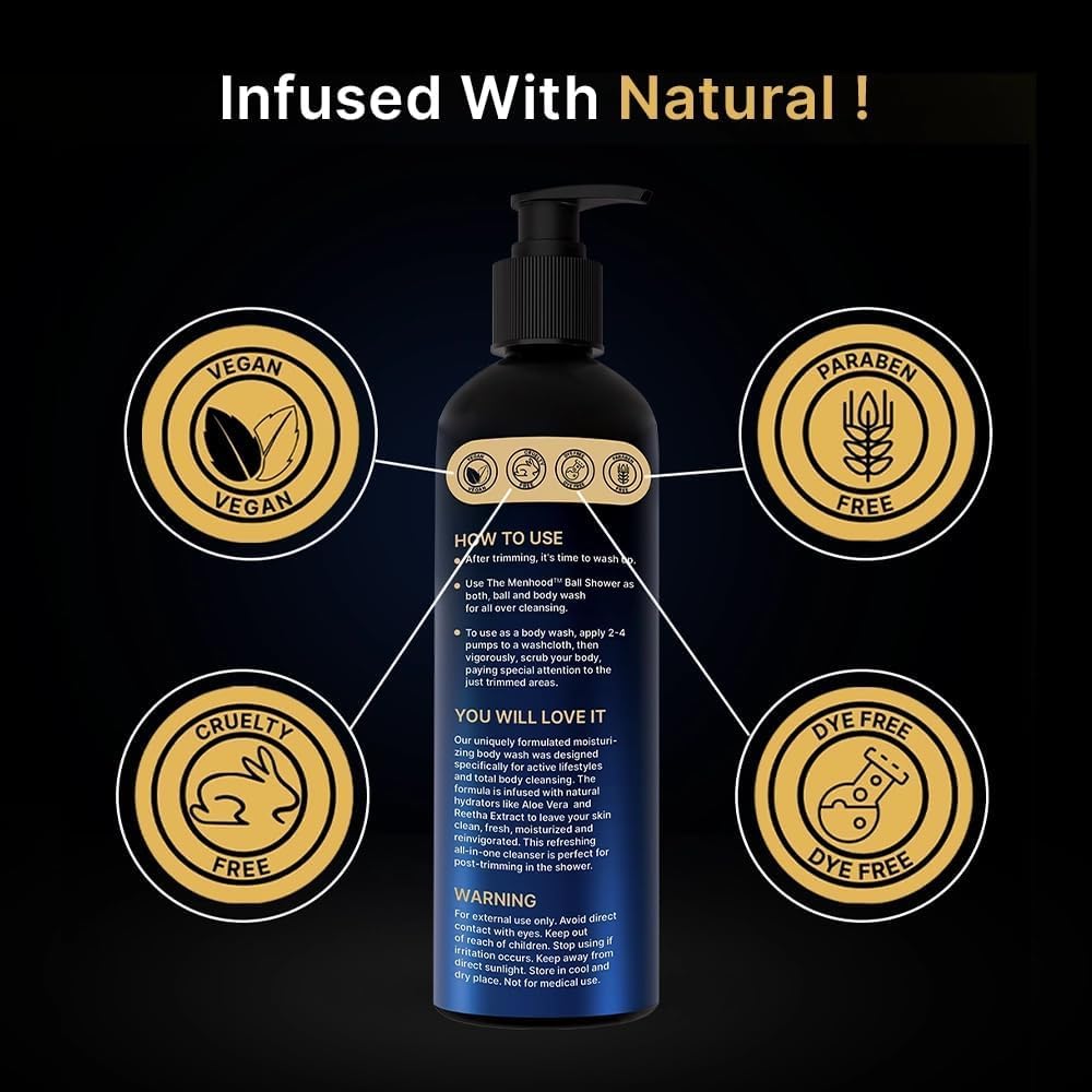 Menhood Ball Shower Gel - Natural Intimate Wash for Men | 100% Organic Aloe Vera & Witch Hazel Body Wash | Chemical-Free Luxury Bath Gel | Long-Lasting Fragrance | Perfect for Daily Hygiene & Post-Workout Refreshment