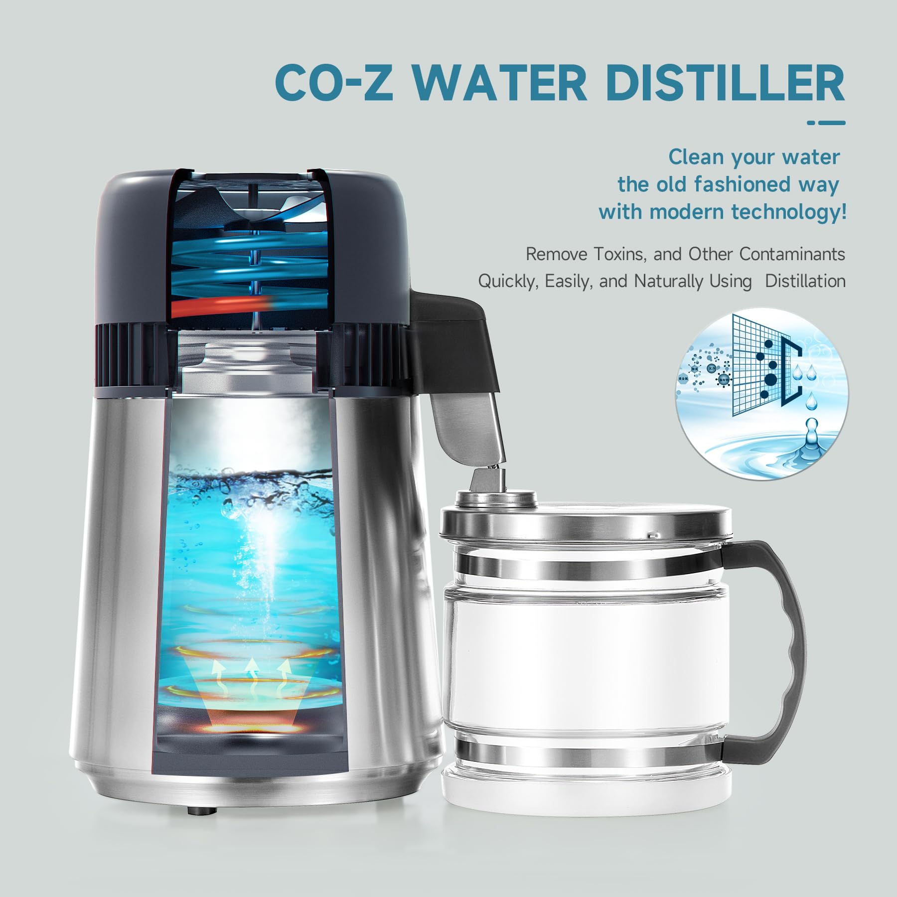 CO-Z 4L Brushed Stainless Steel Water Distiller Machine | Home Distilled Water Maker with Glass Pot | Water Purification System for Clean Drinking Water | Perfect for Home, Office, and Emergency Preparedness