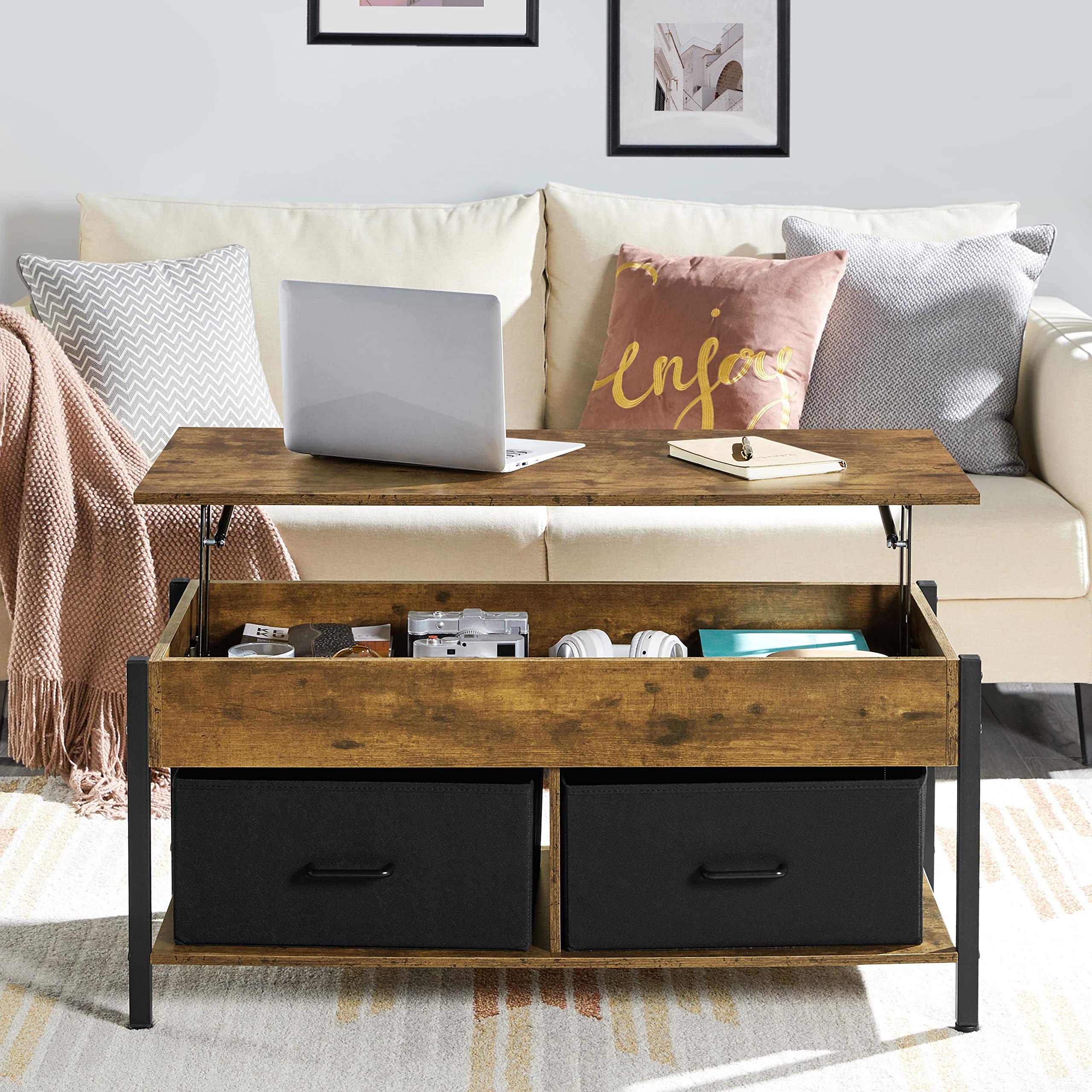 Yaheetech 41.5 Inch Lift Top Coffee Table with Storage - Rustic Brown Wooden Raisable End Table with 2 Fabric Baskets for Living Room & Office - Perfect for Small Spaces, TV Snacking, and Remote Storage