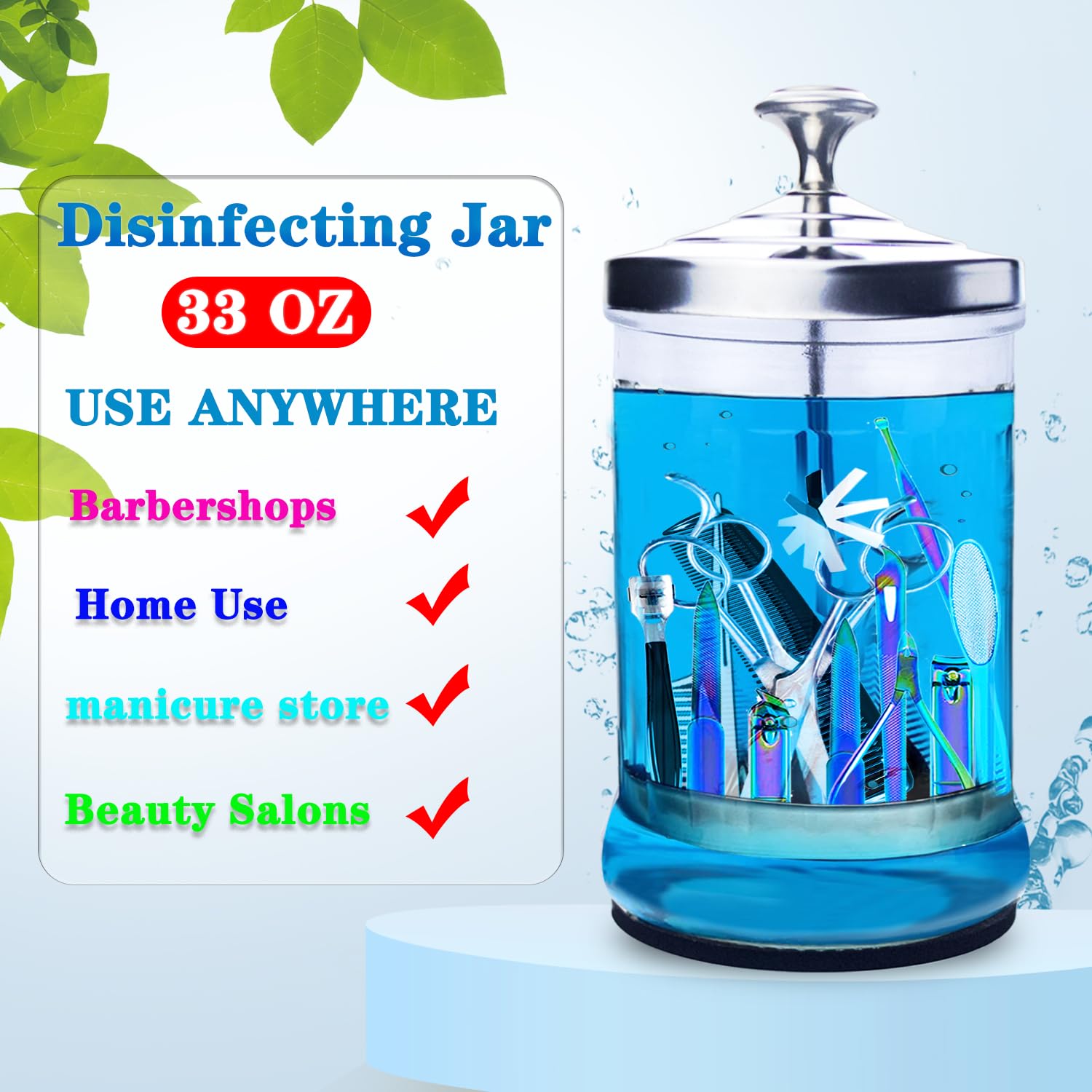 33 Oz Glass Barber & Manicure Jar with Removable Basket - Nail Tools Organizer & Salon Supplies Container for Professional Barbers & Nail Technicians - Perfect for Salon, Spa & Home Manicure Stations