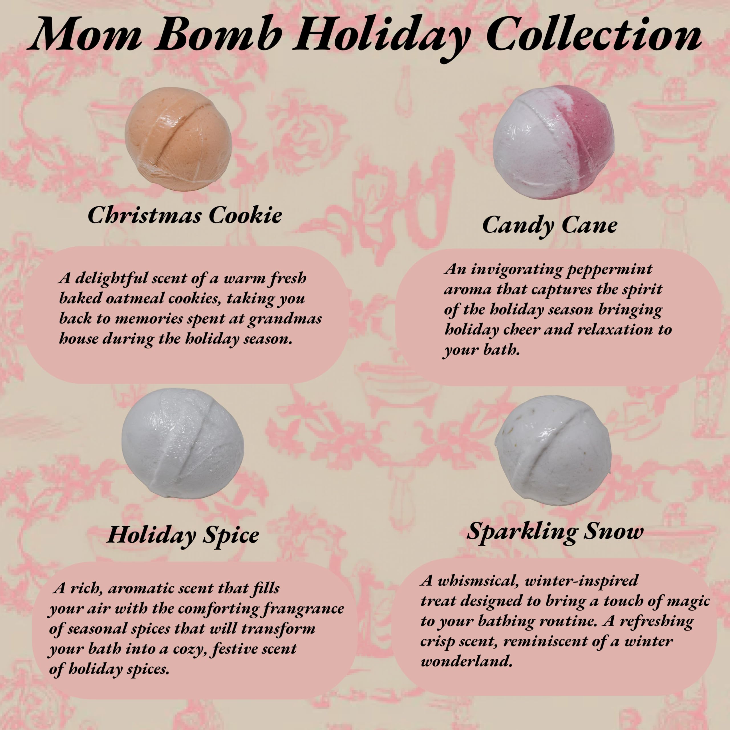 Mom Bomb Bath Bomb Gift Set - 4 Luxury USA-Made Bath Bombs (Candy Cane, Sparkling Snow, Christmas Cookie & Holiday Spice) | Plant-Based Aromatherapy for Relaxation & Self-Care | Perfect Spa Gift for Women, Mothers Day & Holiday Season