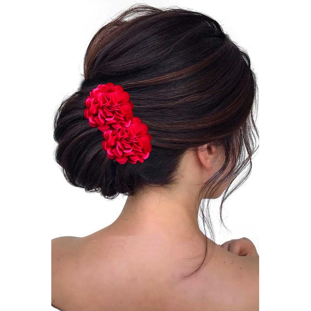 Elegant Artificial Fabric Rose Hair Pins with Golden Pins - Wedding Hair Clips, Bridal Hair Accessories for Women & Girls (Set of 4, Red) - Perfect for Weddings, Prom, Parties & Special Occasions
