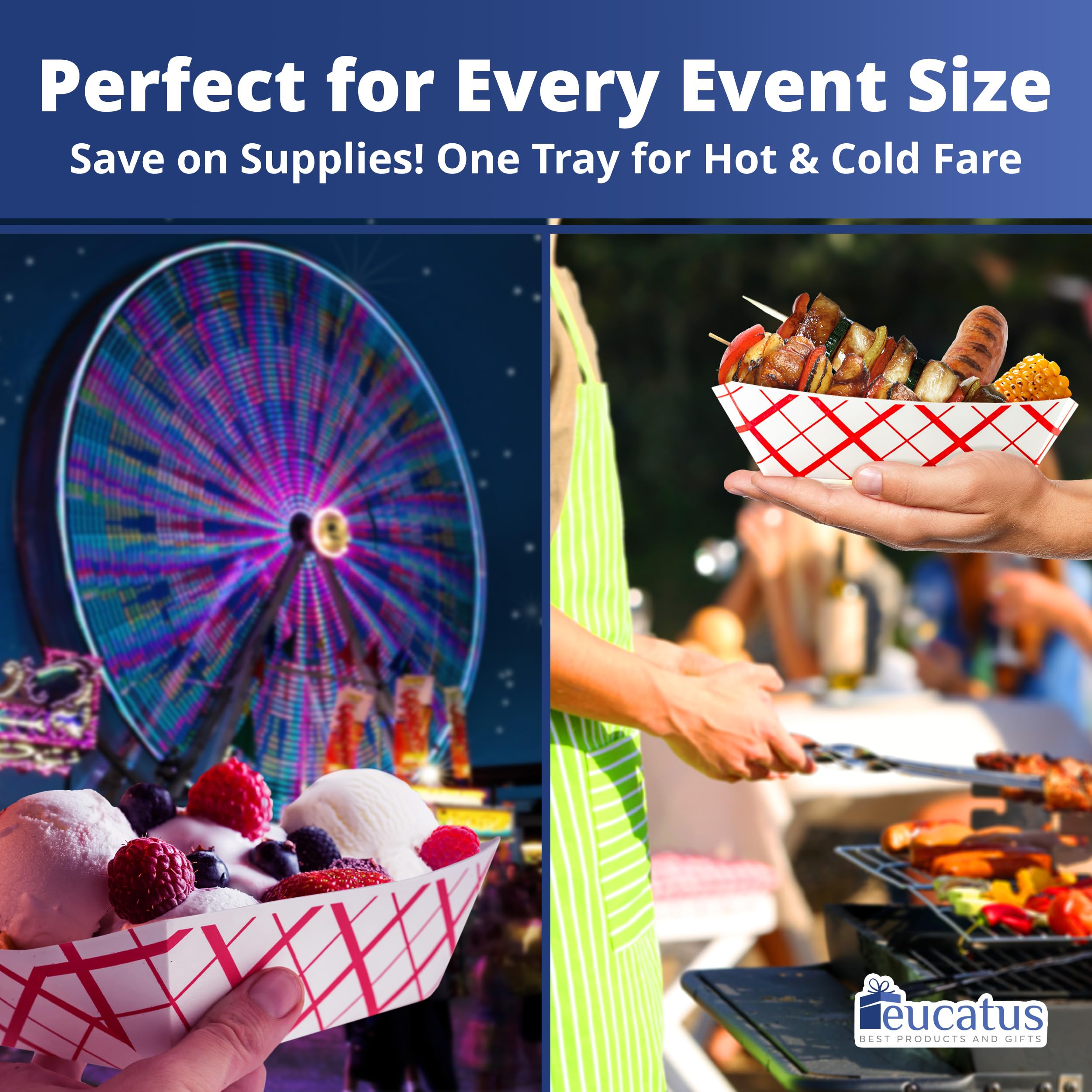 Grease-Proof Heavy Duty Food Trays - 3 lb Capacity (100 Pack) - Classic Checkered Paper Baskets for Hot & Cold Snacks - Perfect for Carnival, Concession Stands, Circus Parties & Outdoor Events
