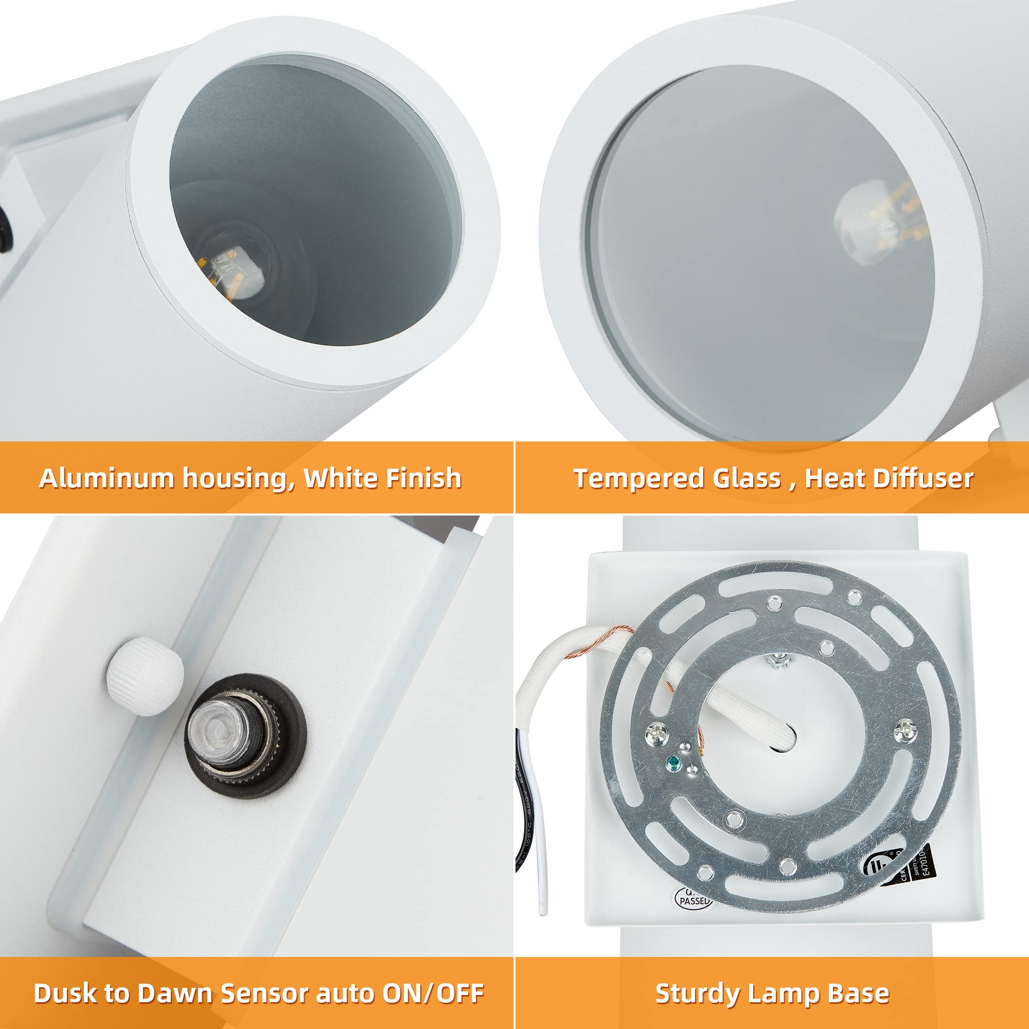 Outdoor Wall Lights with Dusk to Dawn Sensor - Matte White Exterior Lanterns, E26 Base Socket, Waterproof & Anti-Rust Up Down Wall Mount Lights for Porch, Patio, Garage Doorway - Perfect for Home Security and Nighttime Illumination