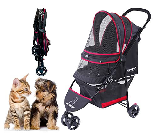 ROODO Escort 3 Wheel Pet Stroller for Small & Medium Dogs & Cats - Lightweight Foldable Travel System with Cup Holder | Perfect for Walks, Shopping & Outdoor Adventures