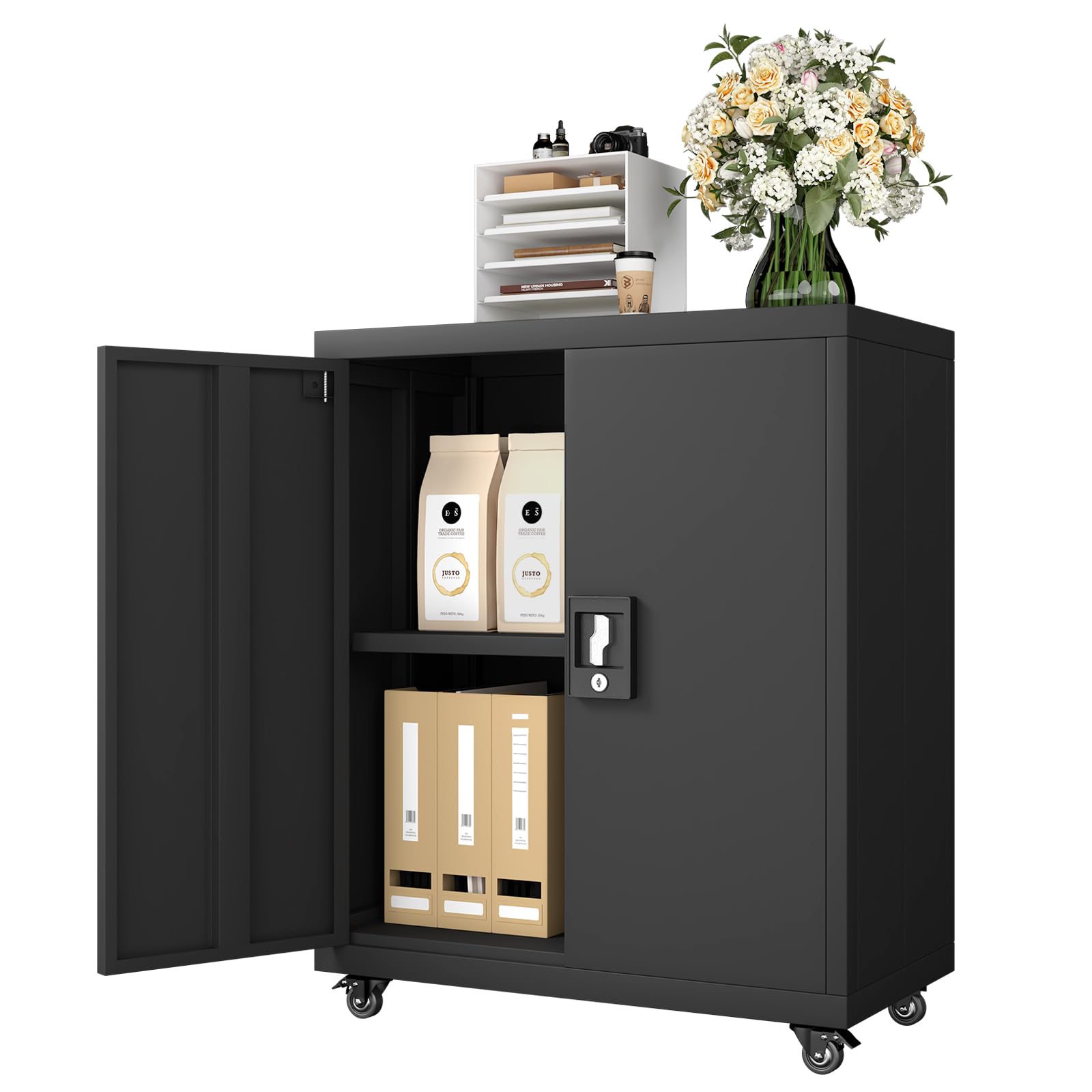 GREATMEET 4-Tier Rolling Garage Storage Cabinet with Wheels - Black Metal Utility Cabinet with Locking Doors & Adjustable Shelves - Heavy Duty Organizer for Garage, Home Office, Workshop & Laundry Room Storage Solutions
