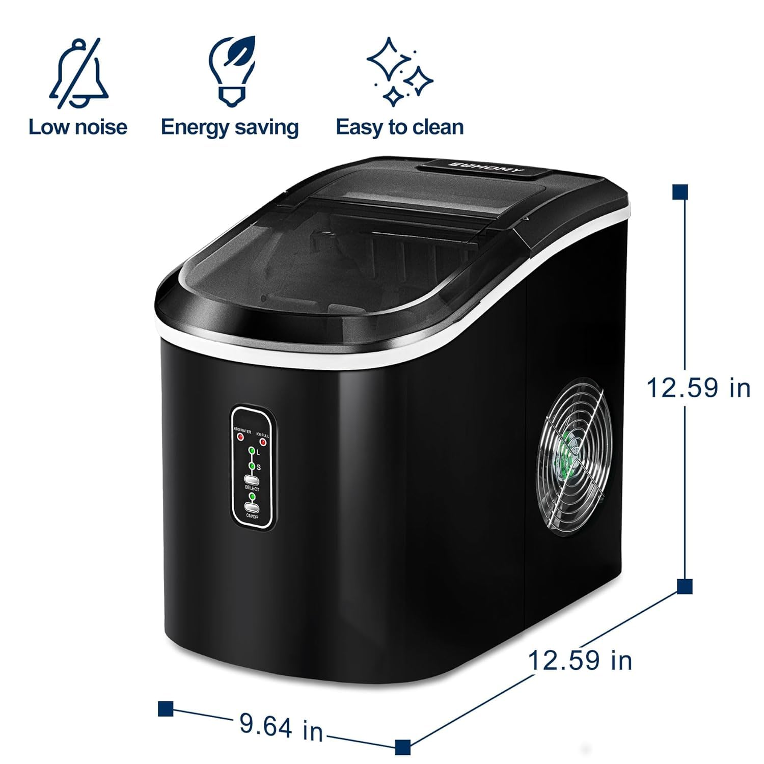 EUHOMY Countertop Ice Maker Machine - 26 lbs Daily Output, Makes 9 Ice Cubes in 6 Minutes, Compact Electric Ice Maker with Ice Scoop & Basket for Home, Kitchen, Office, RV, Parties (Black) - Perfect for Cocktails, Beverages & Outdoor Gatherings