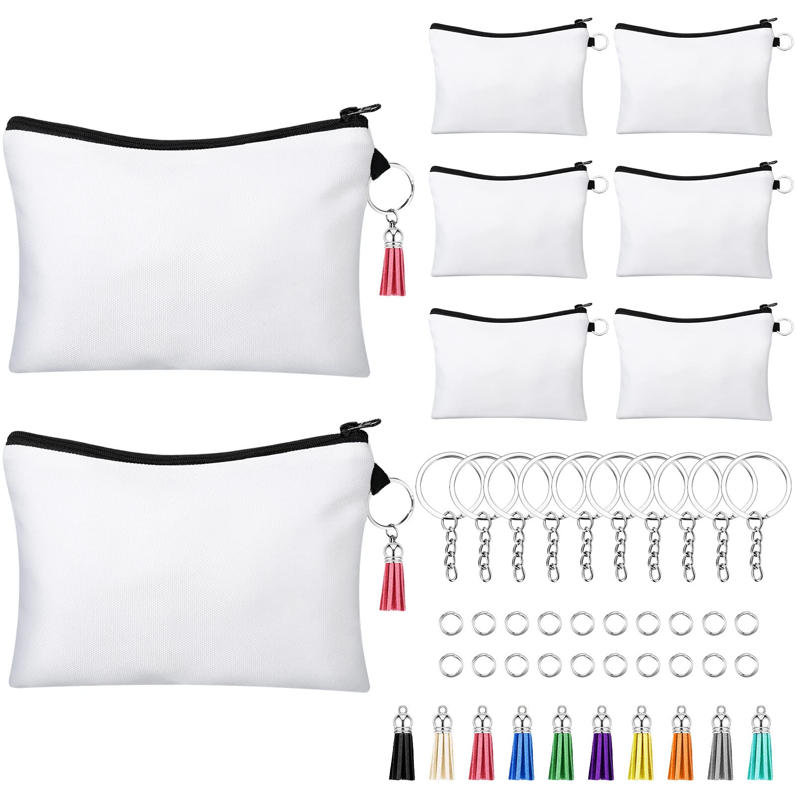 8-Piece DIY Sublimation Cosmetic Bags Set with Zipper - Heat Transfer Makeup Pouch, Keychains & Tassels for Crafts, Back to School Gifts | Perfect for Personalization, DIY Projects & Party Favors