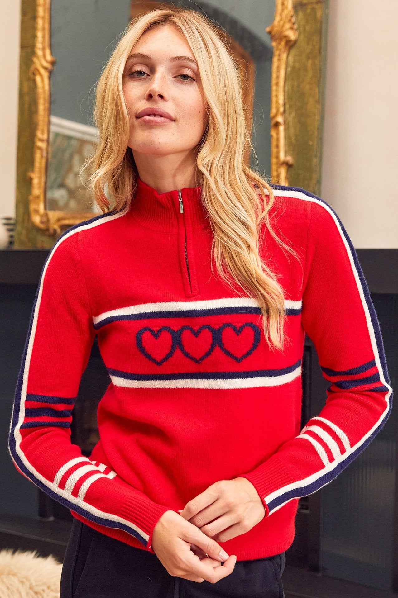 Premium Merino Wool Quarter Zip Sweater with Stripe Hearts Design - Red, Navy, Cream | Cozy Winter Wear for Outdoor Activities & Casual Fashion