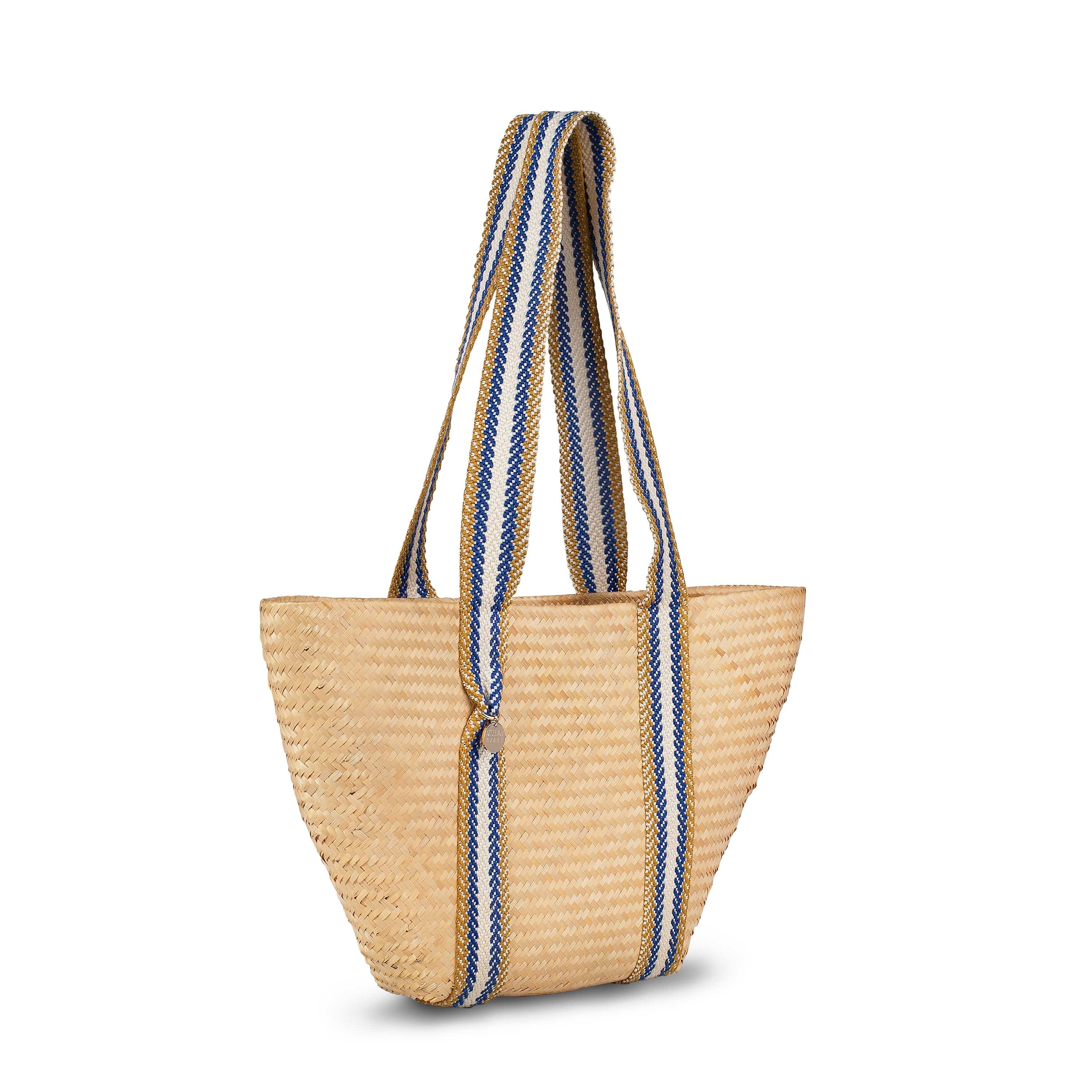 Eco-Friendly Bamboo Vegan Medium Tapered Tote Bag - Natural & Blue Stripe | Perfect for Grocery Shopping, Beach Trips & Daily Use