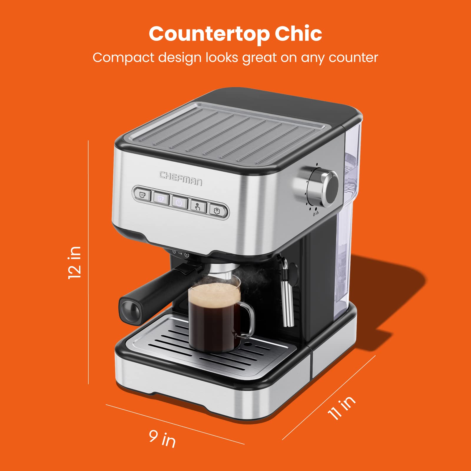 Chefman 6-in-1 Espresso Machine with Milk Steamer - One-Touch Single/Double Shot Coffee Maker for Cappuccino & Latte - Built-In Stainless Steel Milk Frother - Perfect for Home Baristas & Coffee Lovers