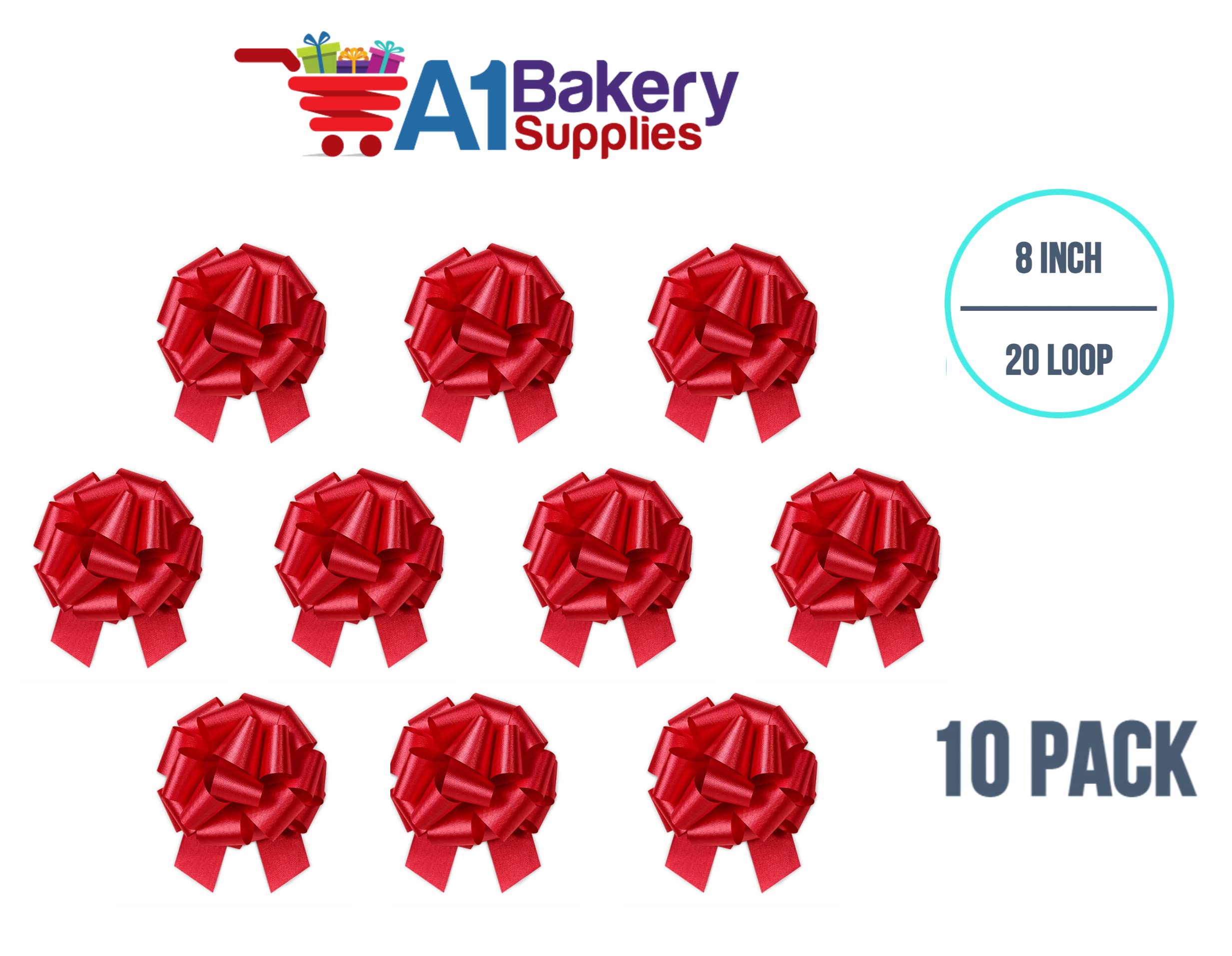 Vibrant Red Satin Pull Bows - 8 Inch with 20 Loops, Pack of 10 - Perfect for Gift Wrapping, Party Decorations & Hair Accessories