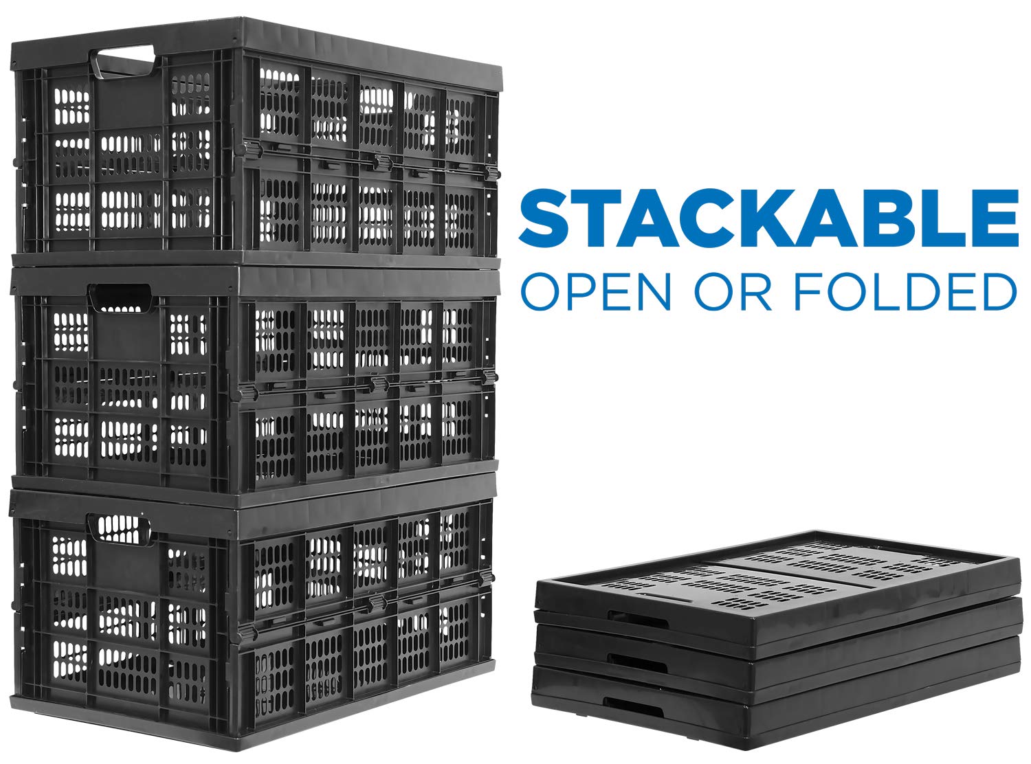 Collapsible Milk Crates 49L - Stackable Plastic Storage Bins Set of 3 - Foldable Organizer for Home, Garage & Warehouse - Perfect for Groceries, Toys & Office Supplies